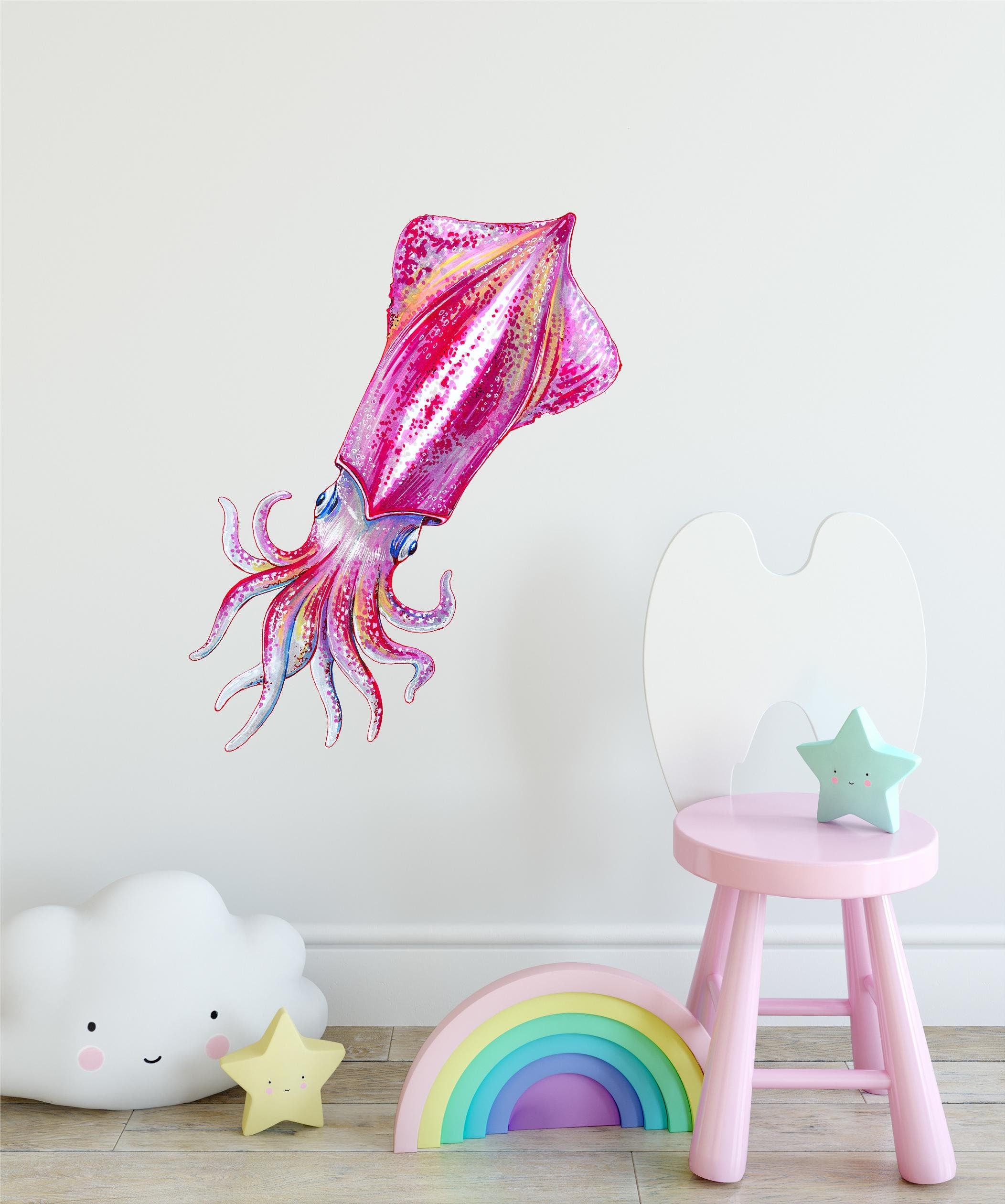 Watercolor Squid Wall Decal Ocean Sea Life Removable Fabric Wall Sticker