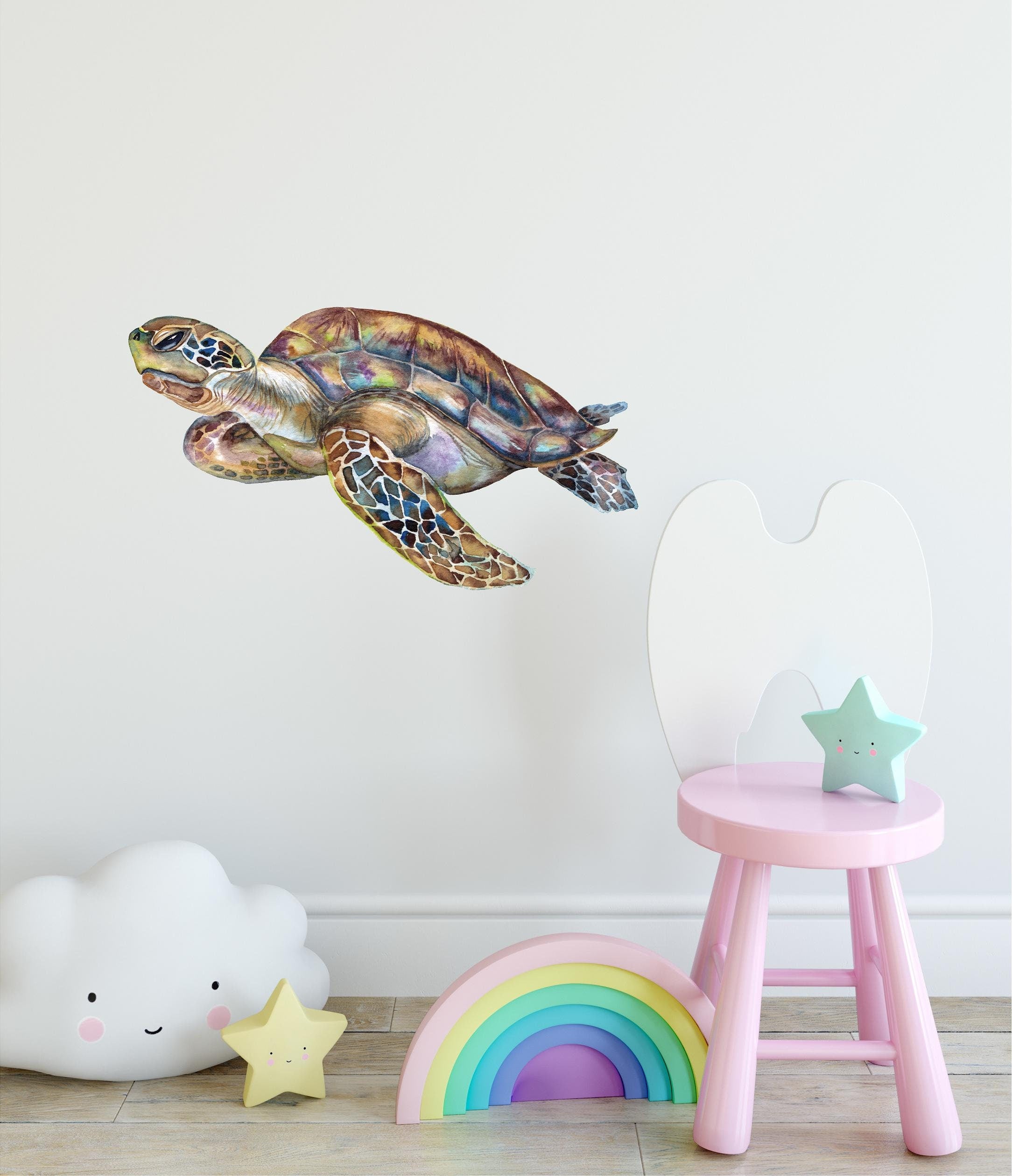 Watercolor Rainbow Sea Turtle Wall Decal Ocean Sea Life Removable Fabric Wall Sticker
