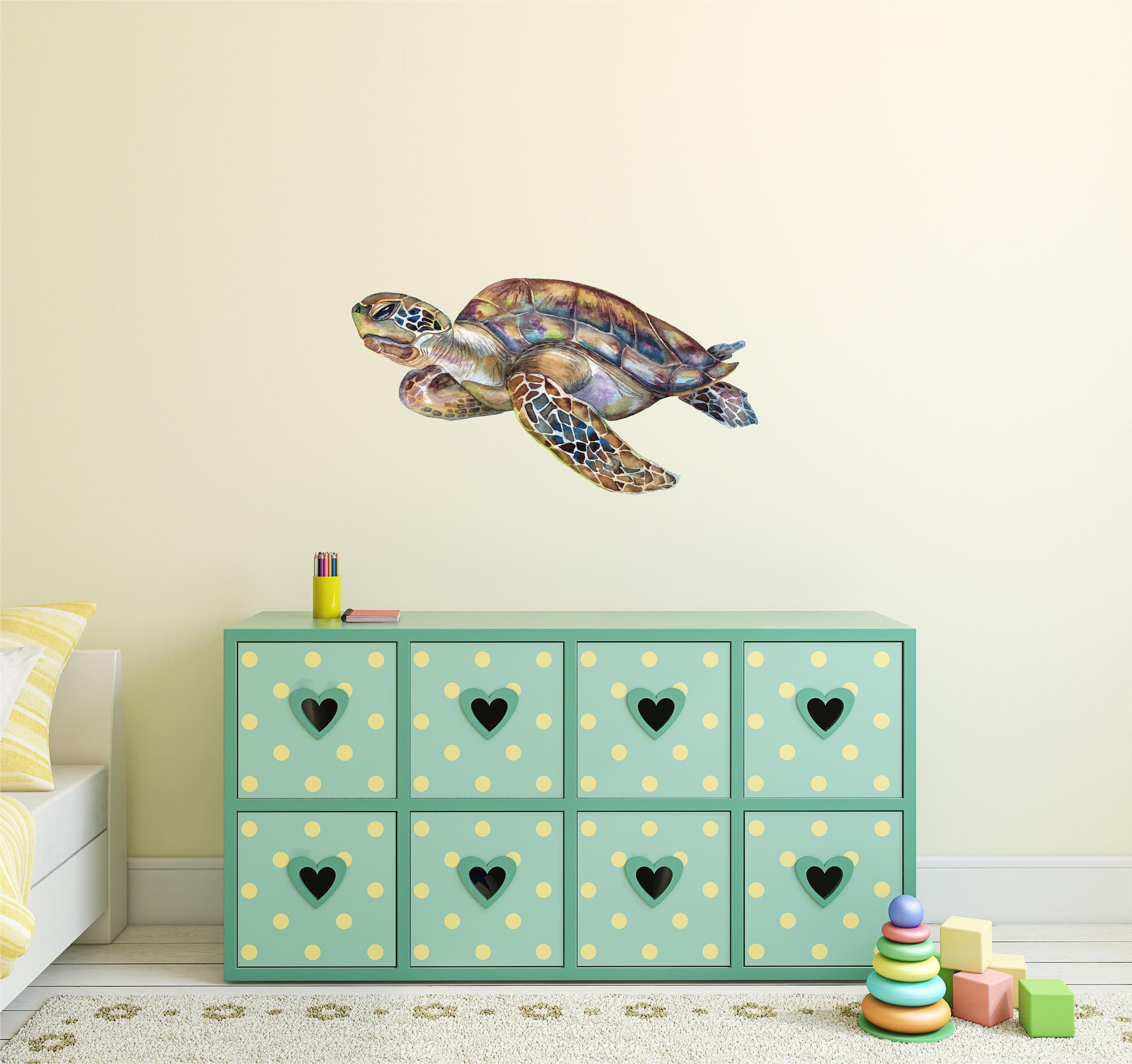 Watercolor Rainbow Sea Turtle Wall Decal Ocean Sea Life Removable Fabric Wall Sticker
