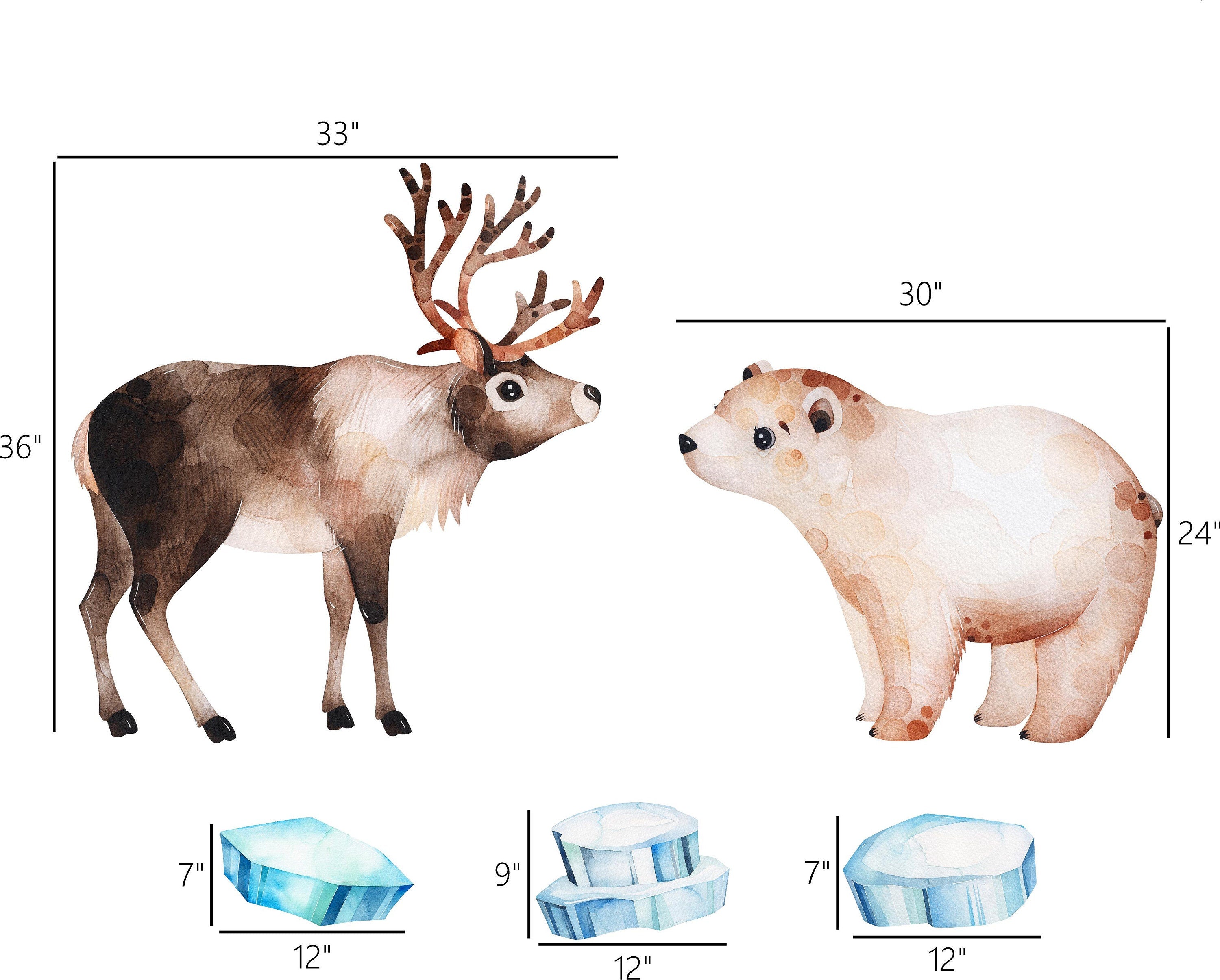 Arctic Animals Watercolor Wall Decal Set #1 Reindeer Polar Bear Iceberg Removable Fabric Wall Sticker