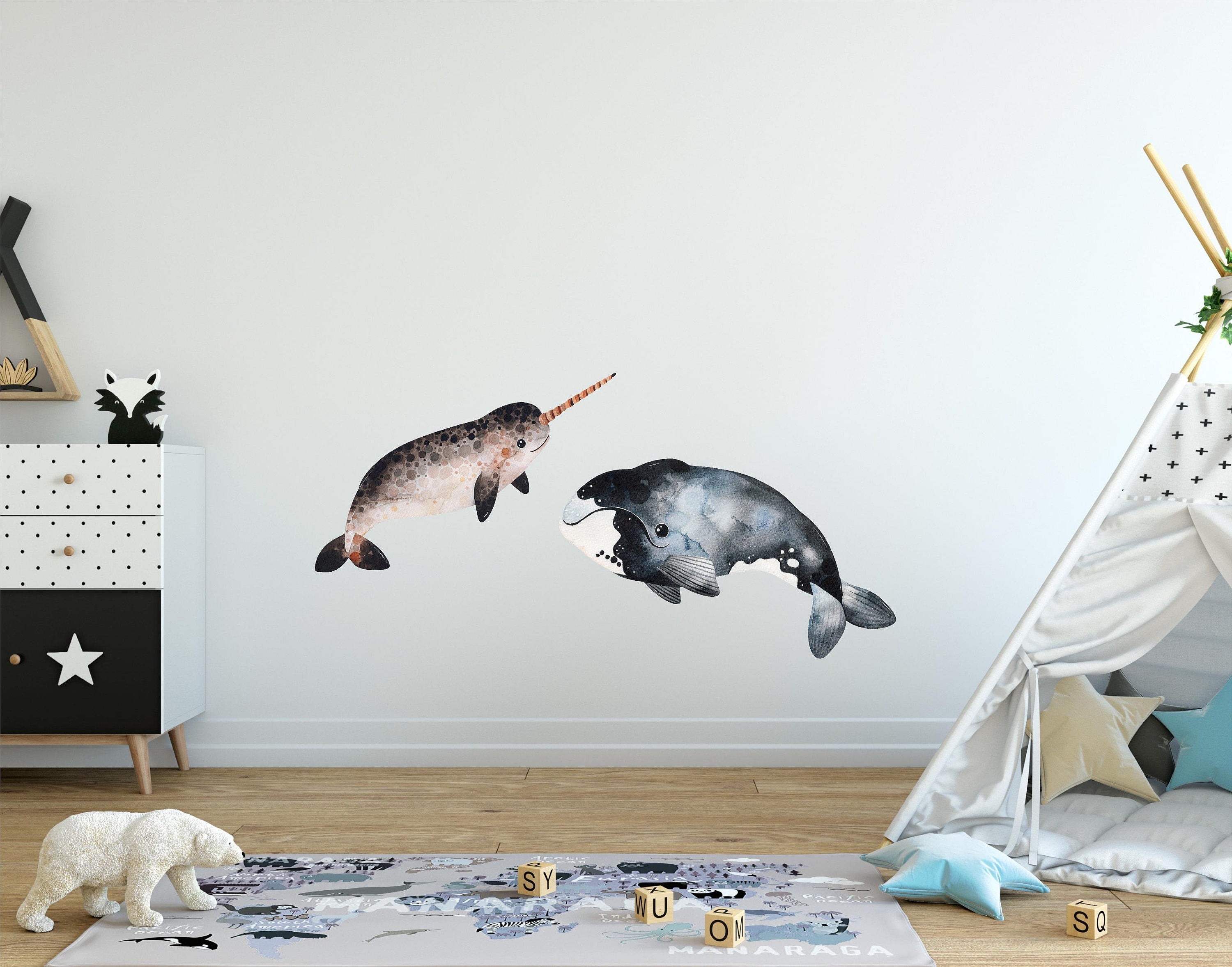 Arctic Animals Watercolor Wall Decal Set #2 Ocean Sea Life Removable Fabric Wall Sticker