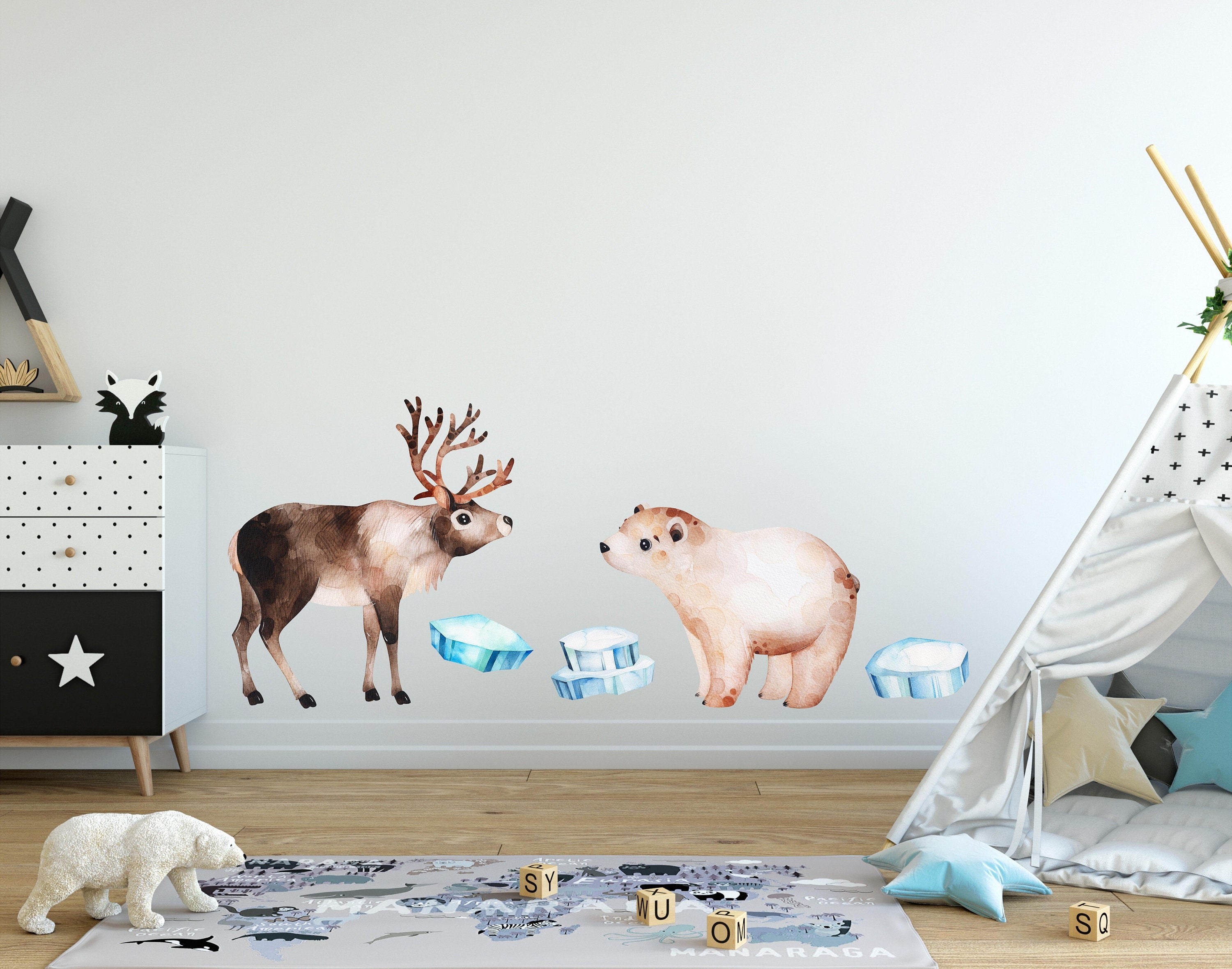 Arctic Animals Watercolor Wall Decal Set #1 Reindeer Polar Bear Iceberg Removable Fabric Wall Sticker