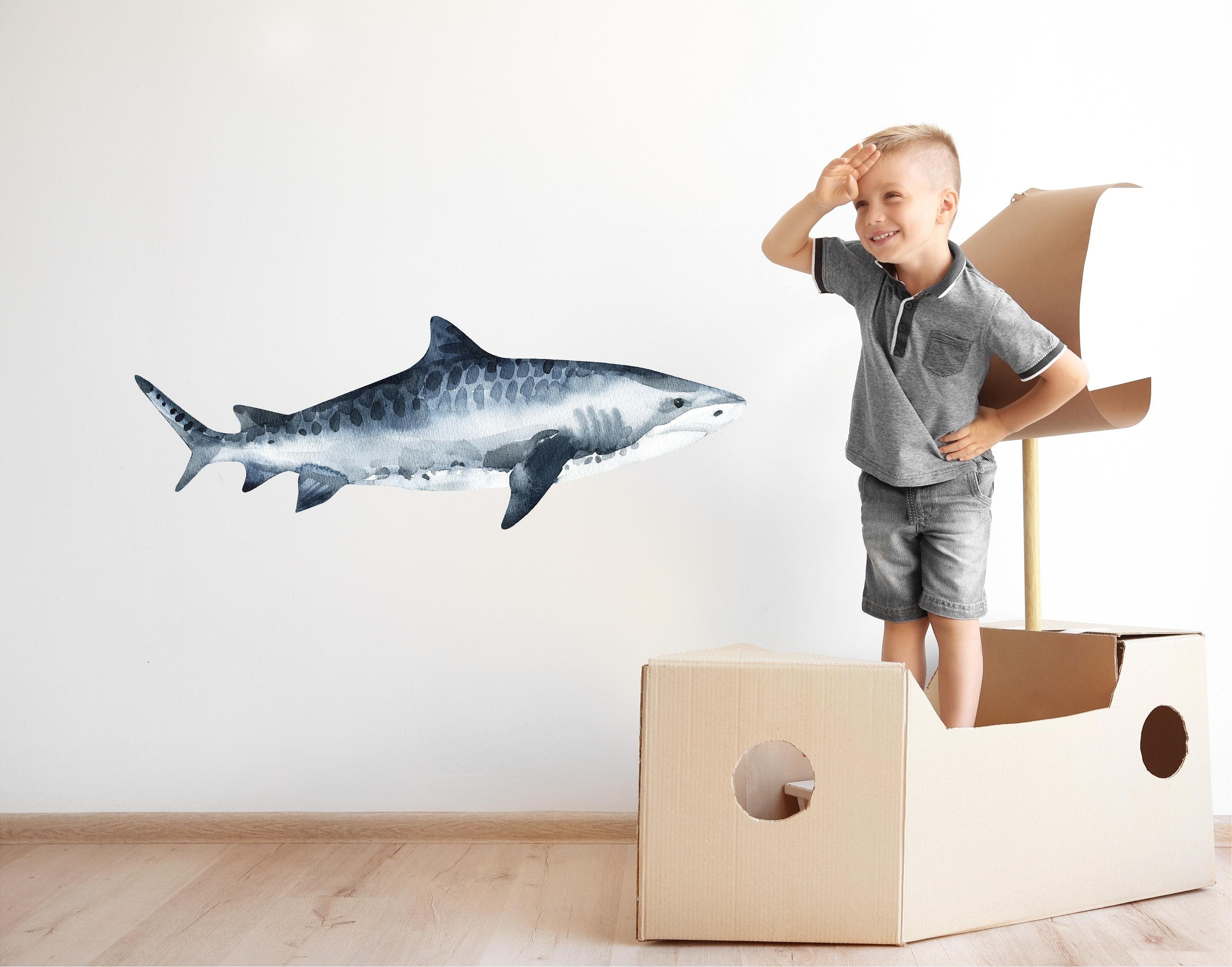 Watercolor Tiger Shark Wall Decal Ocean Sea Life Removable Fabric Wall Sticker