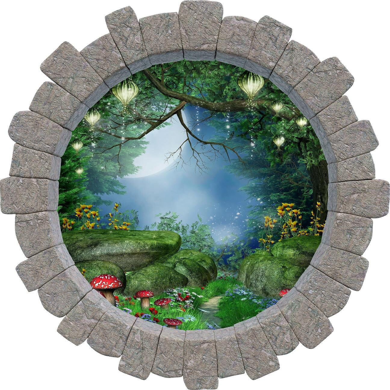 3D Stone Hole Wall Decal Enchanted Lantern Forest Wonderland Fantasy Brick Window Removable Fabric  Wall Sticker