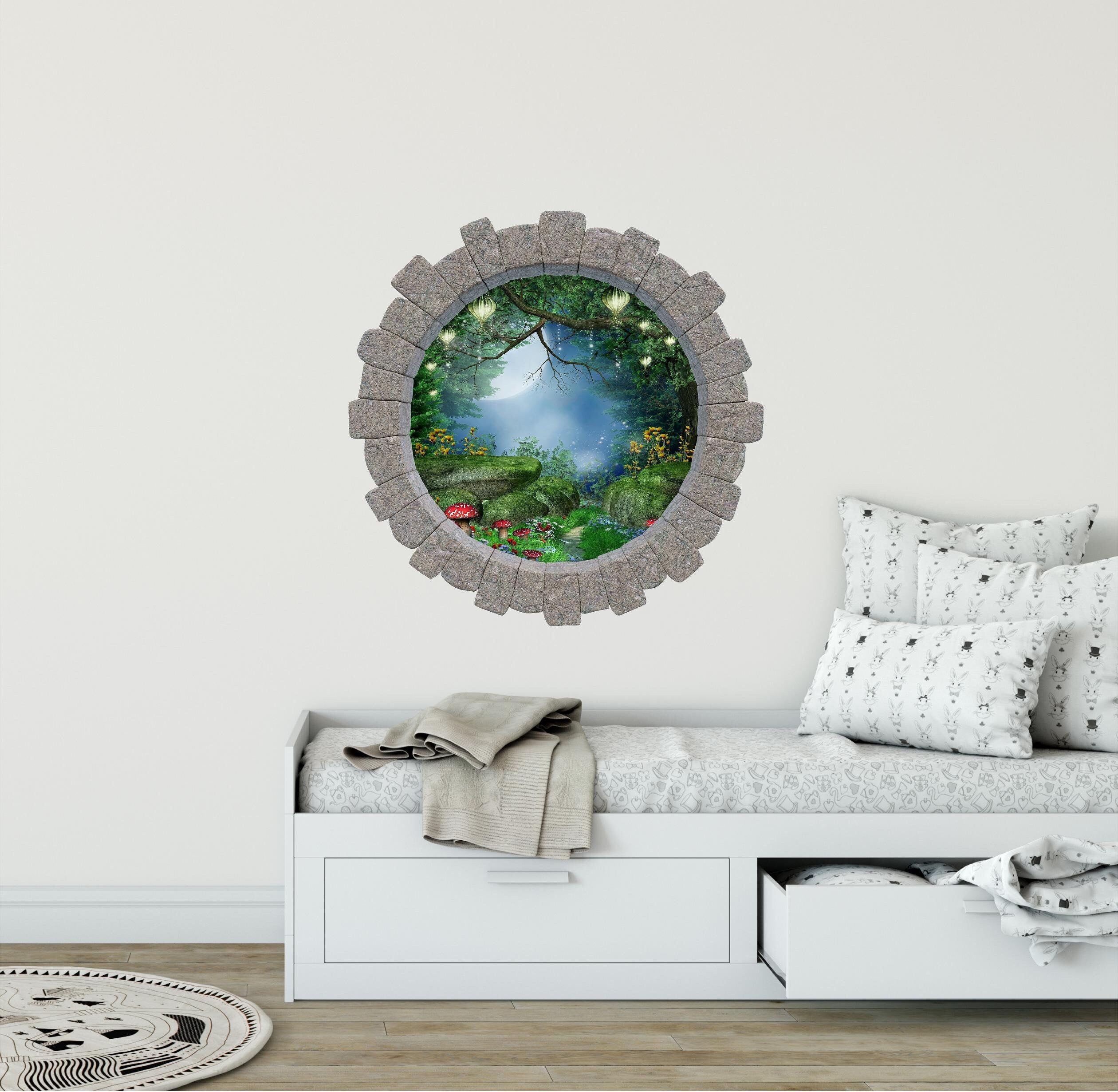 3D Stone Hole Wall Decal Enchanted Lantern Forest Wonderland Fantasy Brick Window Removable Fabric  Wall Sticker