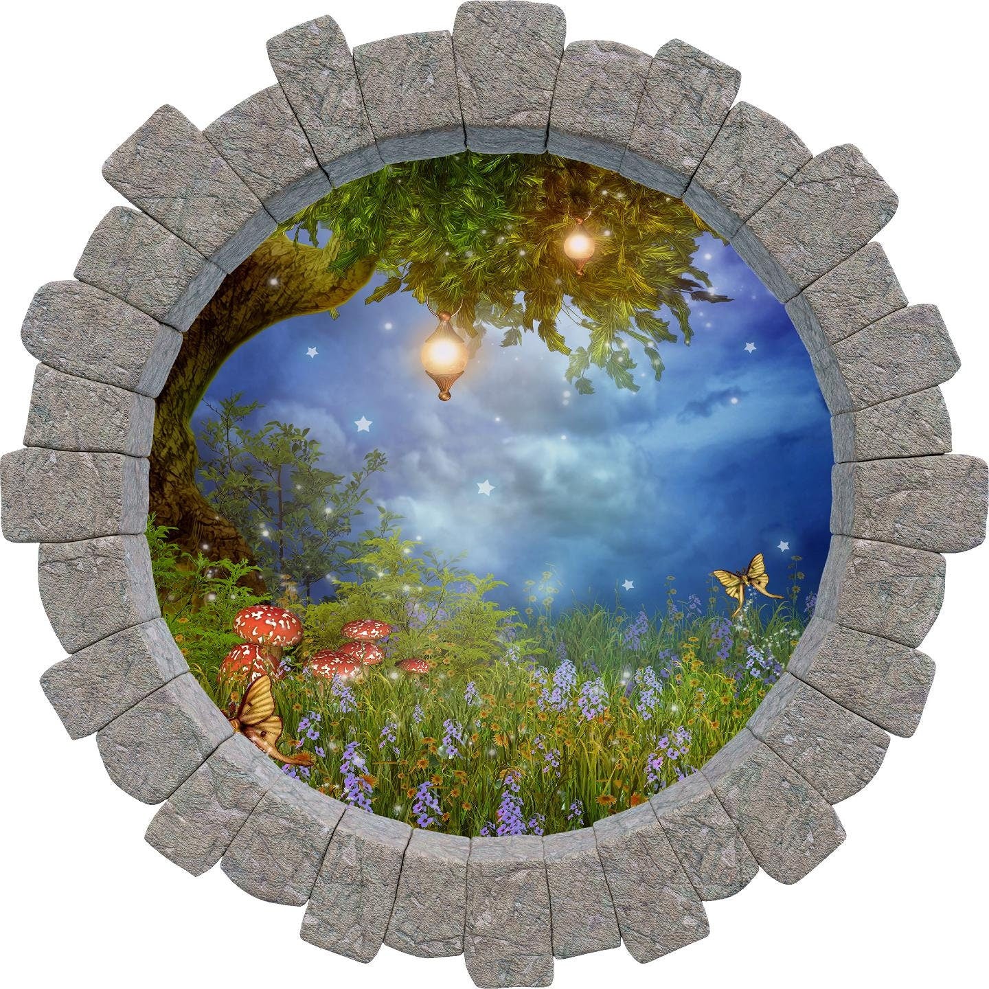 3D Stone Hole Wall Decal Enchanted Lantern Tree Princess Butterfly Forest Fantasy Brick Window Removable Fabric  Wall Sticker