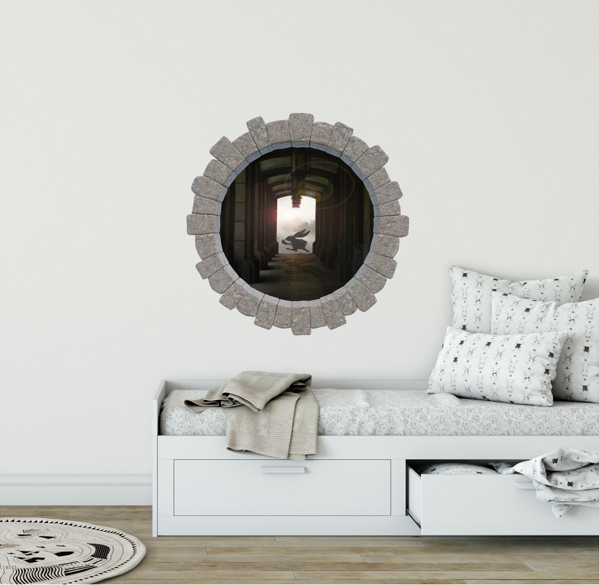 3D Stone Hole Wall Decal Rabbit Late Wonderland Fantasy Brick Window Removable Fabric  Wall Sticker