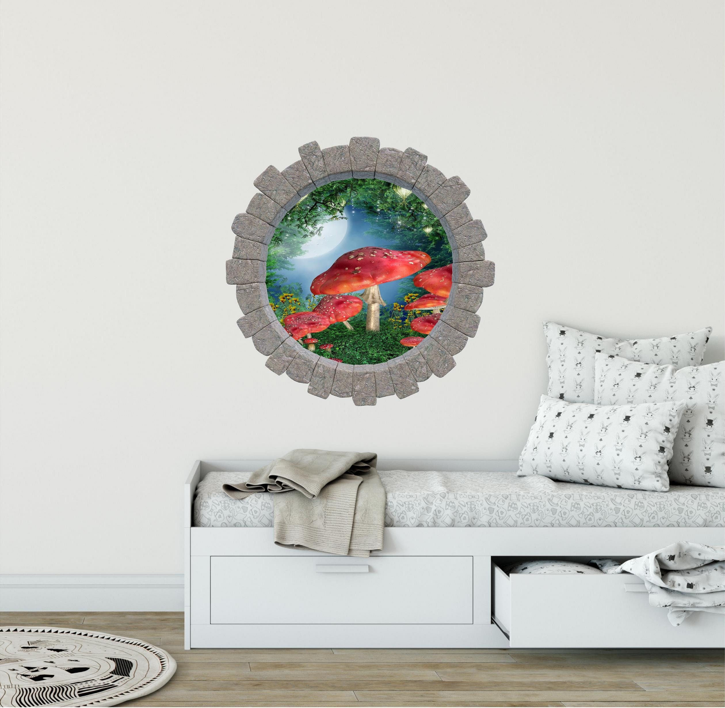 3D Stone Hole Wall Decal Enchanted Lantern Forest #2 Mushroom Patch Wonderland Fantasy Brick Window Removable Fabric  Wall Sticker