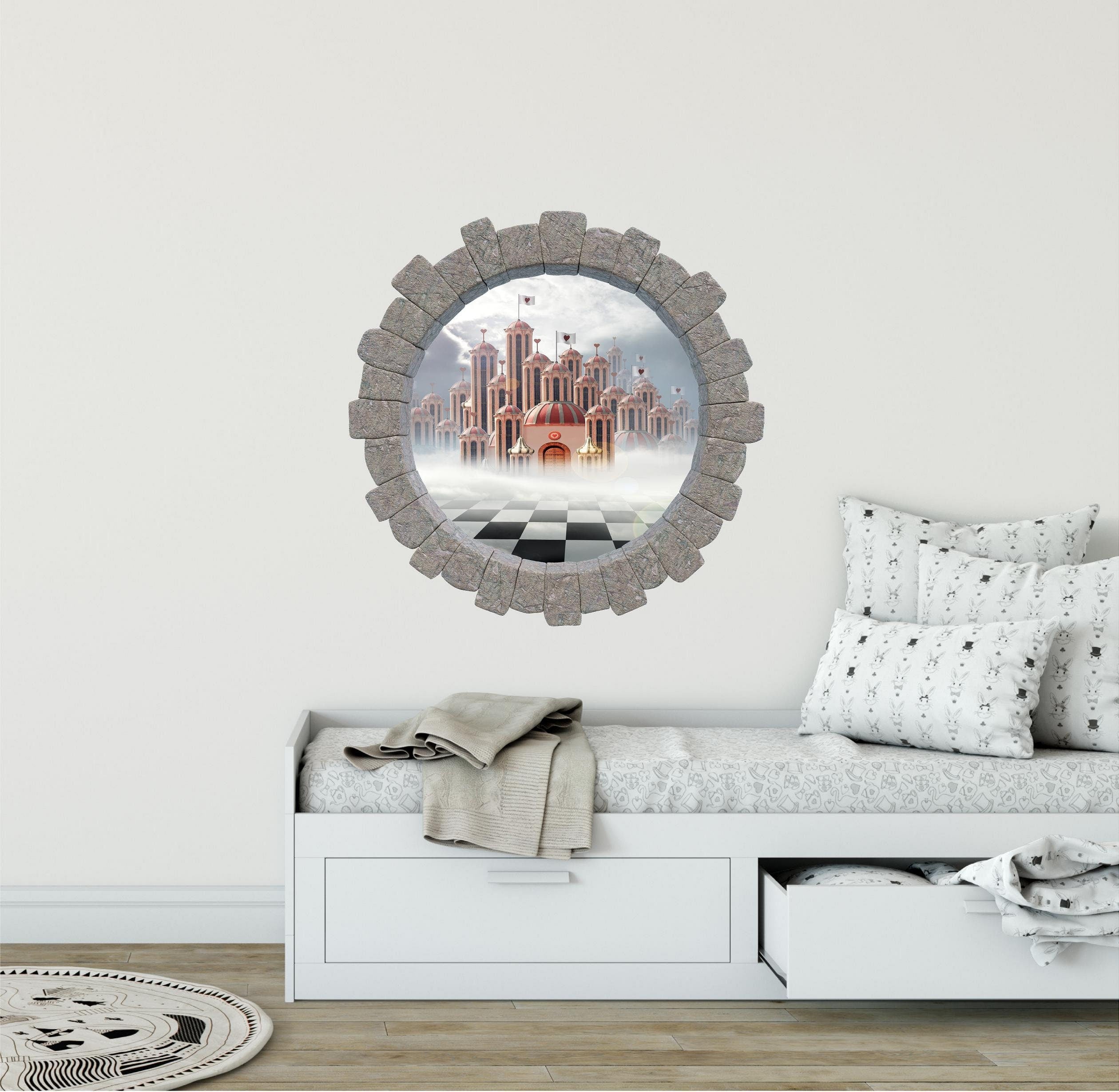 3D Stone Hole Wall Decal Hearts Castle Wonderland Fantasy Brick Window Removable Fabric  Wall Sticker