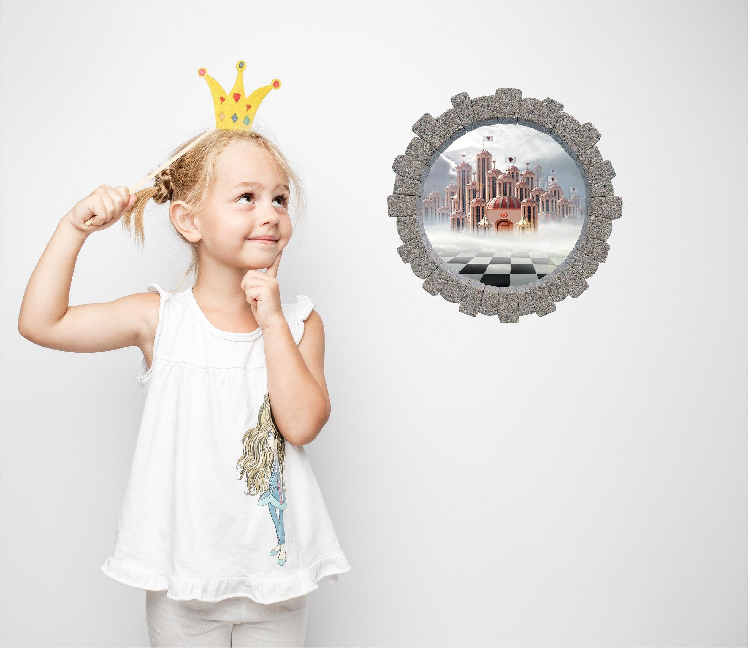 3D Stone Hole Wall Decal Hearts Castle Wonderland Fantasy Brick Window Removable Fabric  Wall Sticker