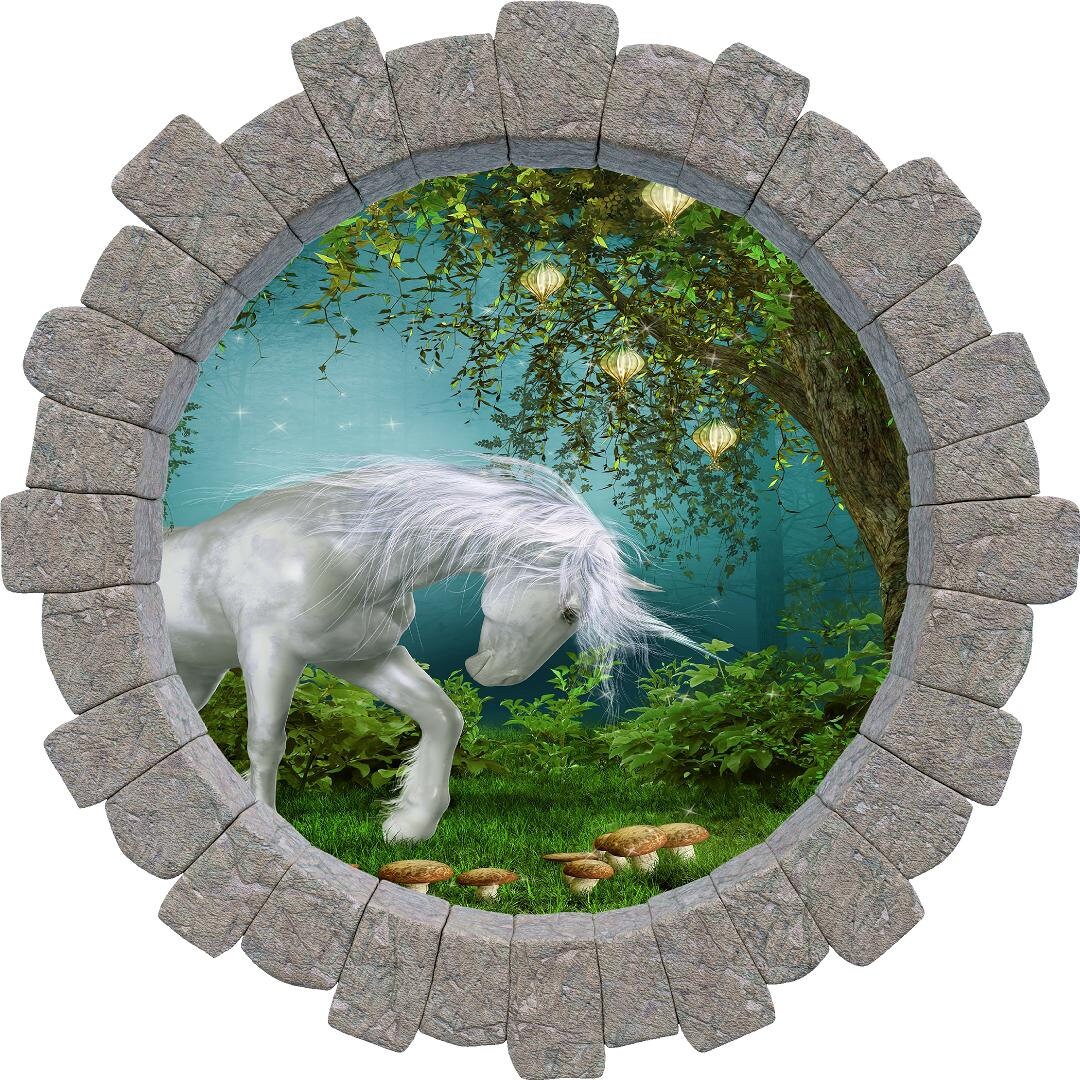 3D Stone Hole Wall Decal Unicorn In Enchanted Forest Fairy Tale Princess Fantasy Brick Window Removable Fabric  Wall Sticker
