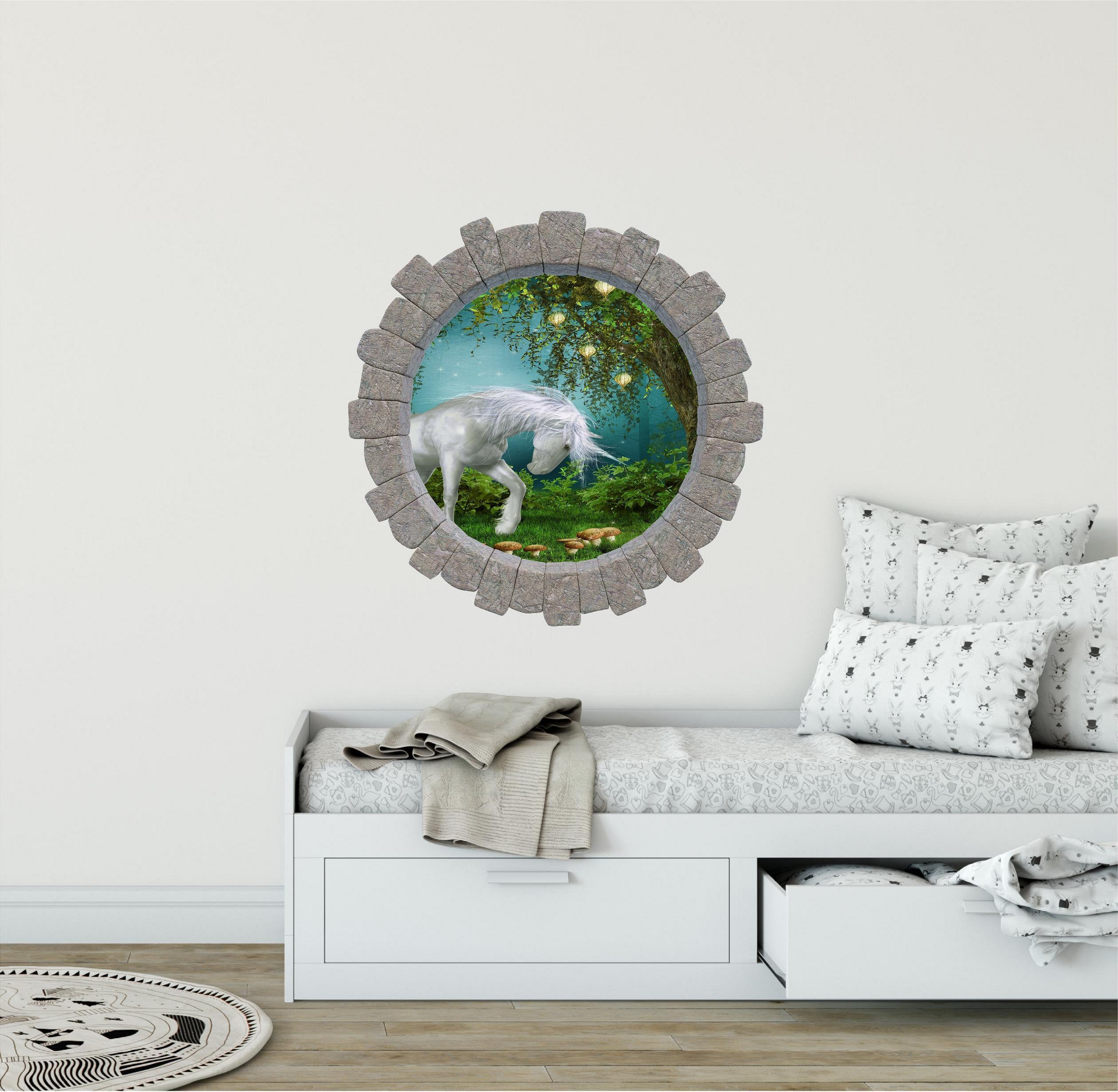 3D Stone Hole Wall Decal Unicorn In Enchanted Forest Fairy Tale Princess Fantasy Brick Window Removable Fabric  Wall Sticker