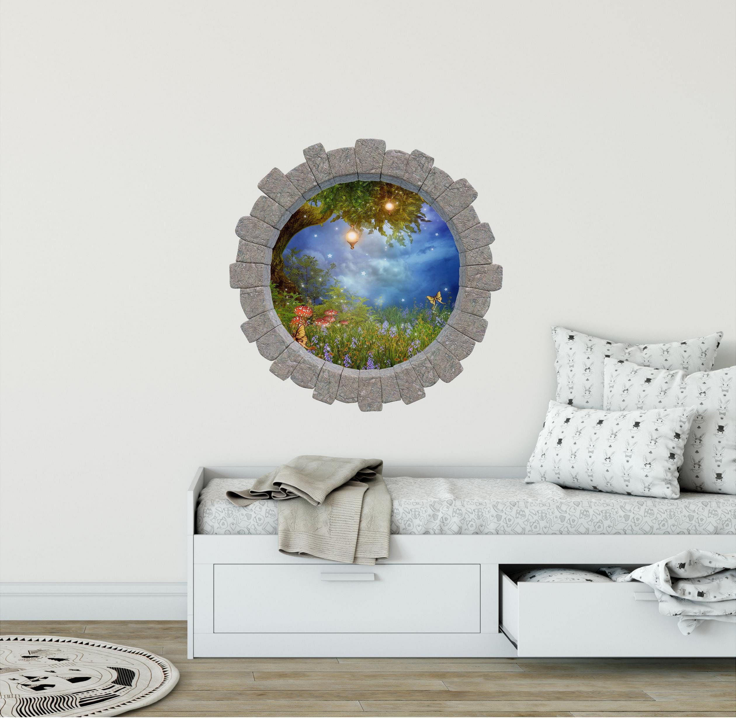 3D Stone Hole Wall Decal Enchanted Lantern Tree Princess Butterfly Forest Fantasy Brick Window Removable Fabric  Wall Sticker