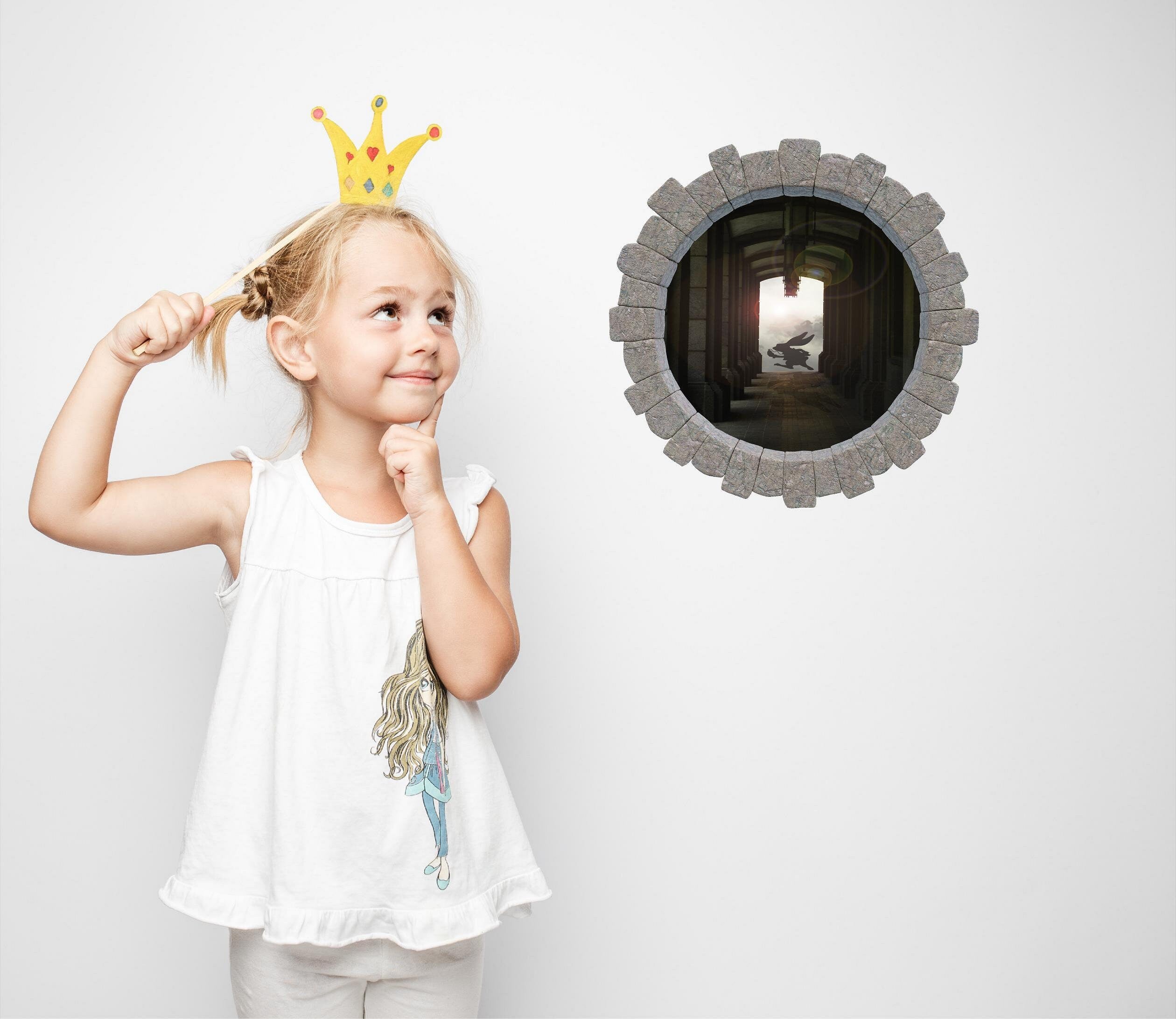 3D Stone Hole Wall Decal Rabbit Late Wonderland Fantasy Brick Window Removable Fabric  Wall Sticker