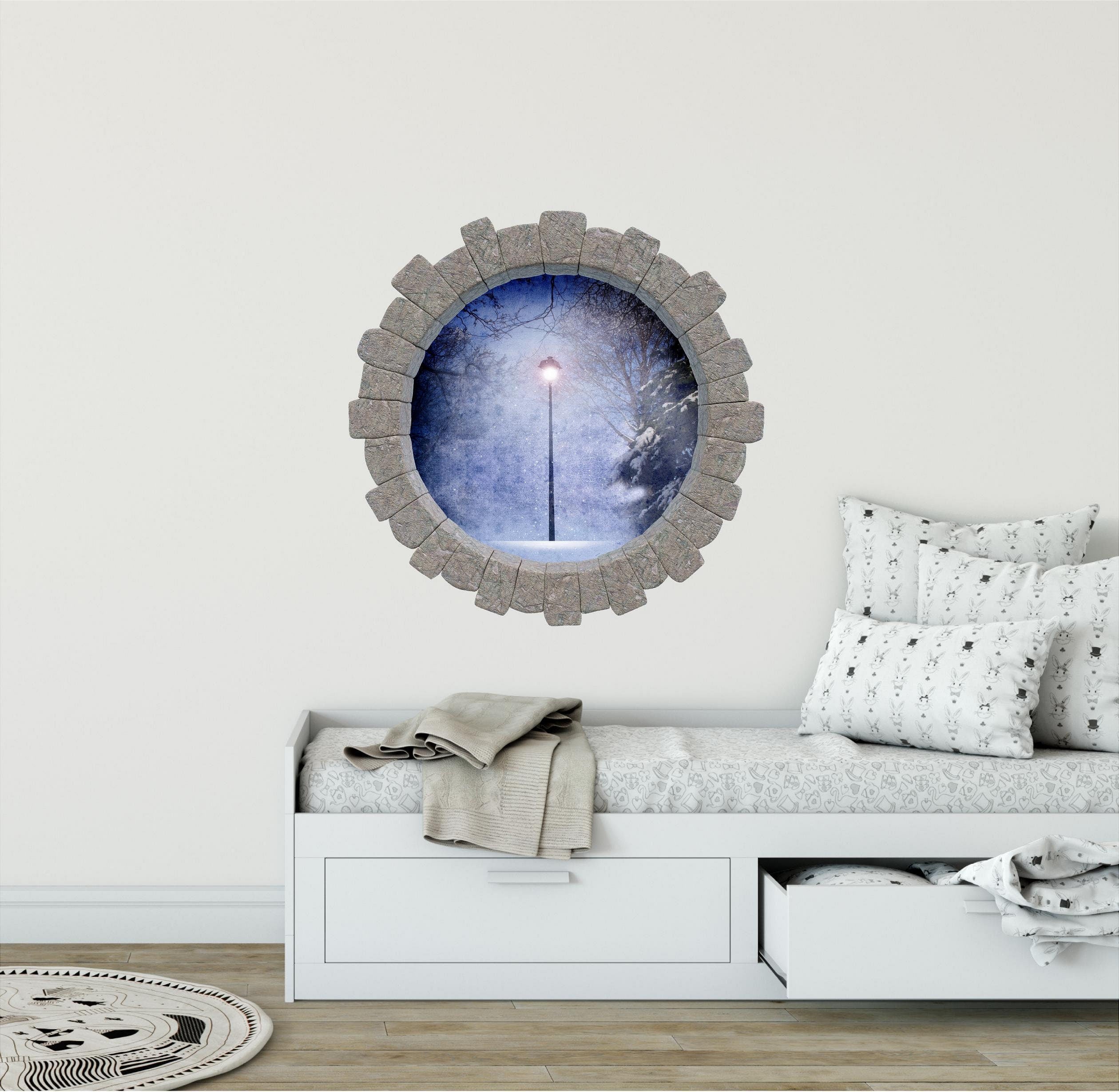 3D Stone Hole Wall Decal Enchanted Lamp Post Fantasy Brick 3d Window Removable Fabric  Wall Sticker