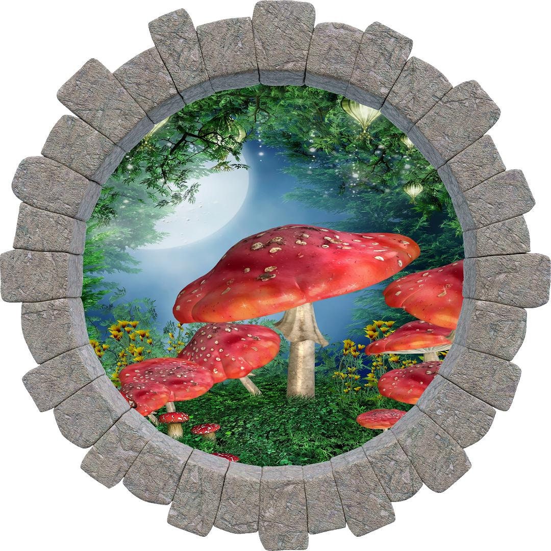 3D Stone Hole Wall Decal Enchanted Lantern Forest #2 Mushroom Patch Wonderland Fantasy Brick Window Removable Fabric  Wall Sticker