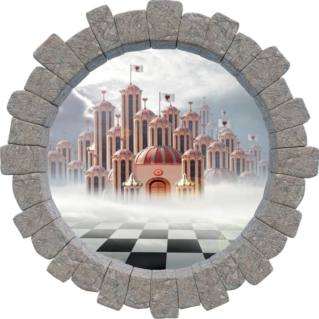 3D Stone Hole Wall Decal Hearts Castle Wonderland Fantasy Brick Window Removable Fabric  Wall Sticker