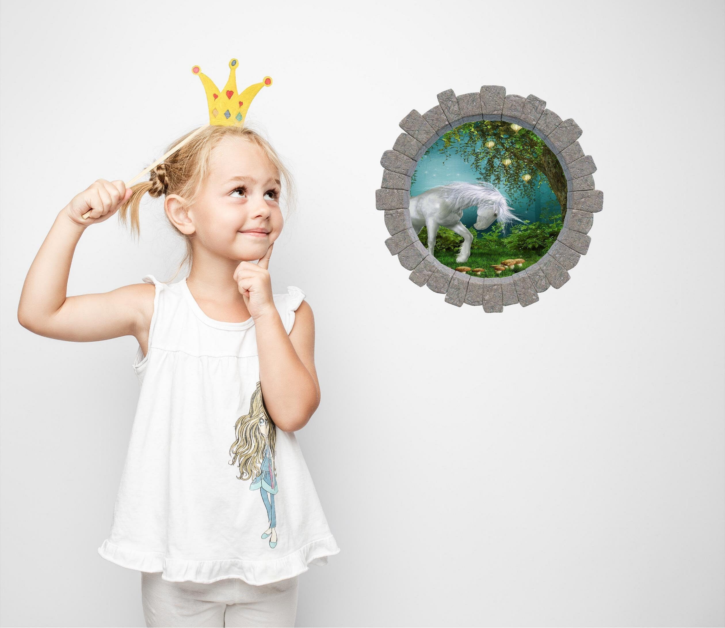 3D Stone Hole Wall Decal Unicorn In Enchanted Forest Fairy Tale Princess Fantasy Brick Window Removable Fabric  Wall Sticker
