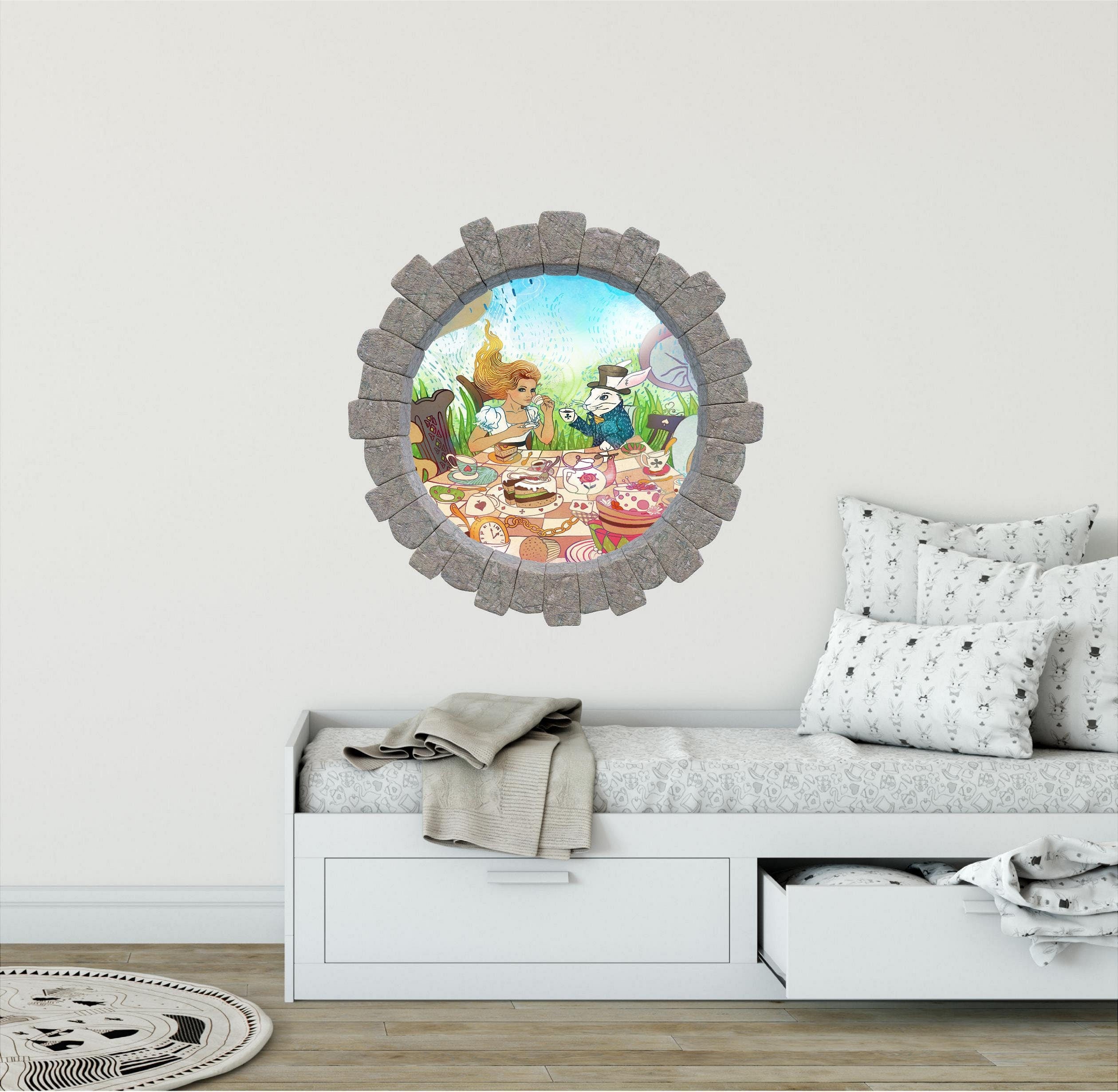 3D Stone Hole Wall Decal Tea Party Fantasy Brick Window Removable Fabric  Wall Sticker