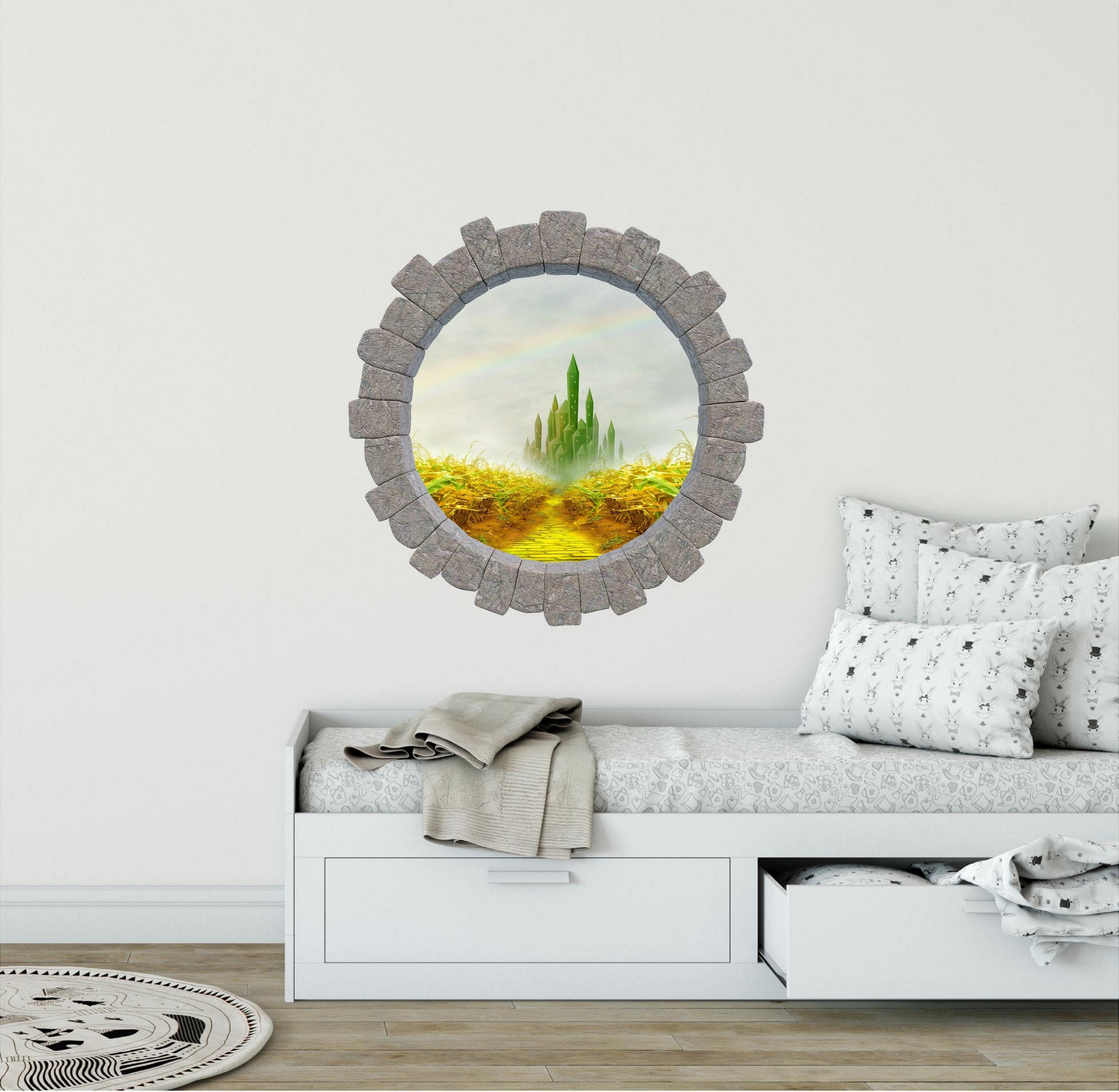 3D Stone Hole Wall Decal Emerald City Castle Yellow Brick Road Oz Fantasy Brick 3d Window Removable Fabric  Wall Sticker