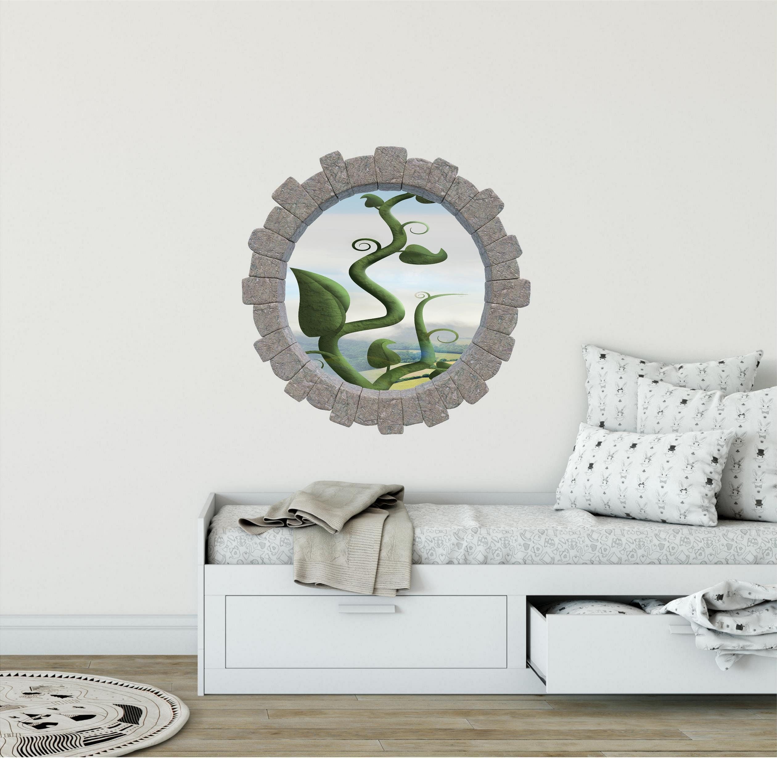 3D Stone Hole Wall Decal Jack & The Beanstalk Folklore Fantasy Fairy Tale Brick 3d Window Removable Fabric  Wall Sticker