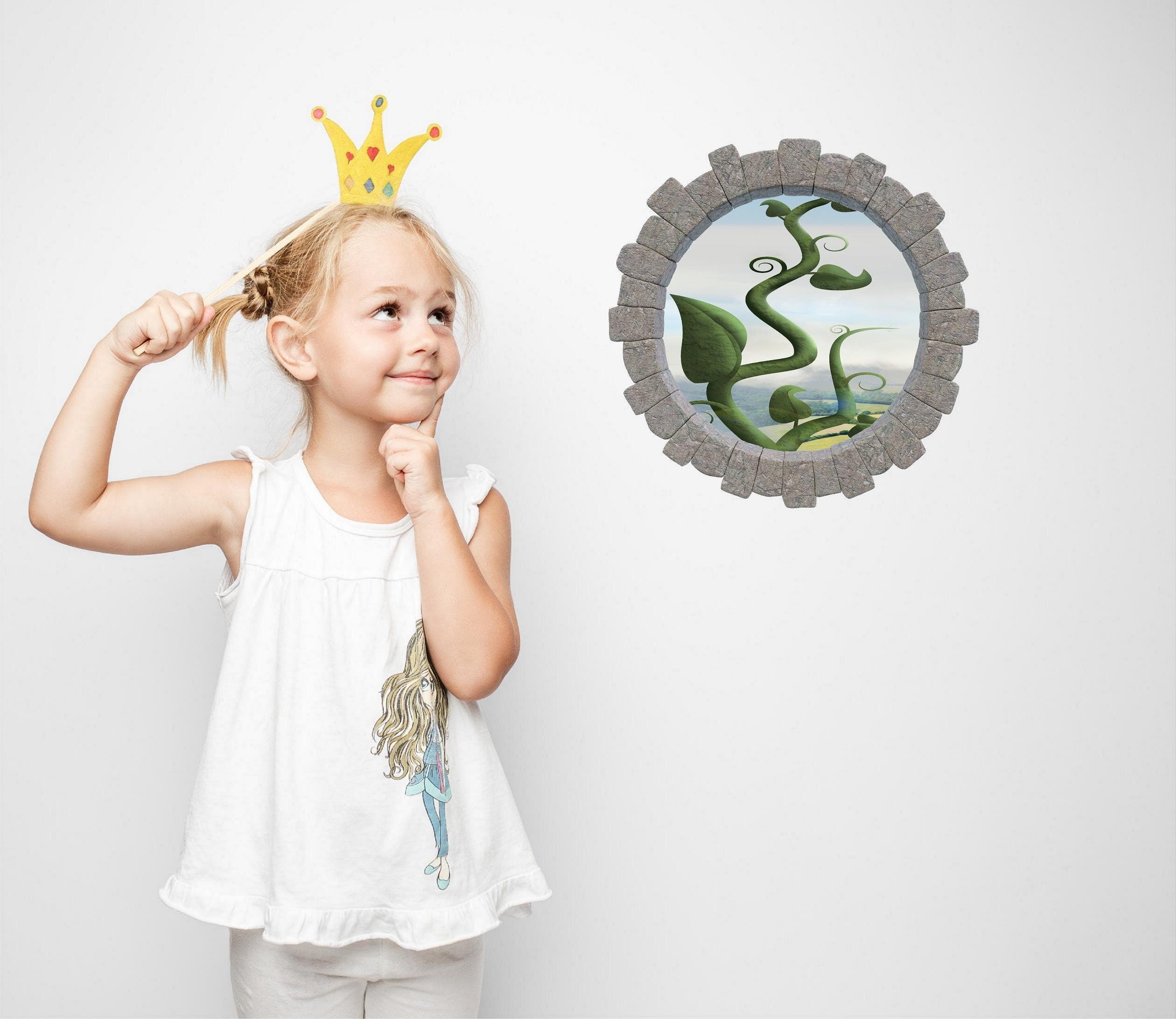 3D Stone Hole Wall Decal Jack & The Beanstalk Folklore Fantasy Fairy Tale Brick 3d Window Removable Fabric  Wall Sticker