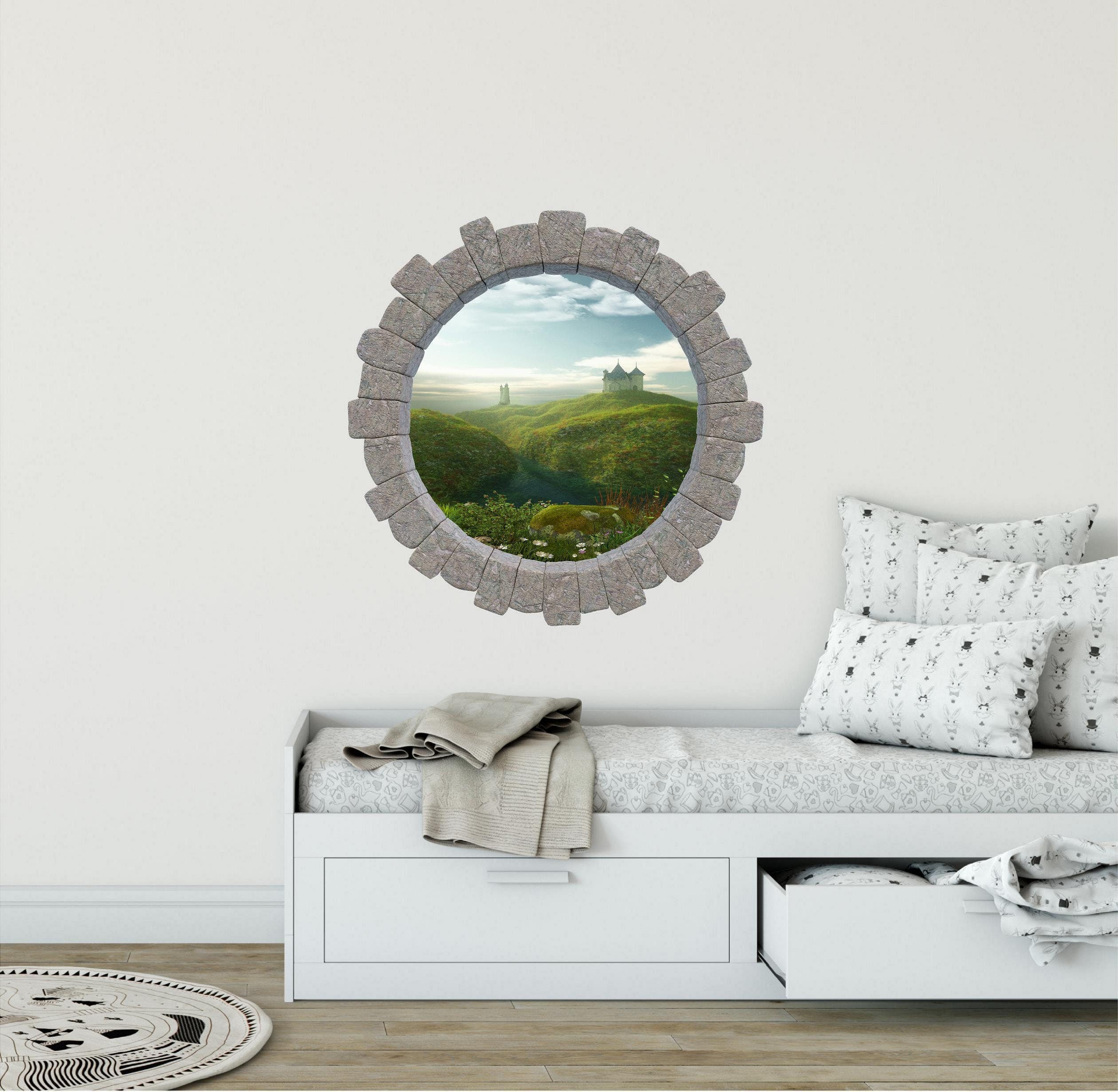 3D Stone Hole Wall Decal Enchanted Castle By The Sea Fairy Tale Fantasy Princess Brick Window Removable Fabric  Wall Sticker
