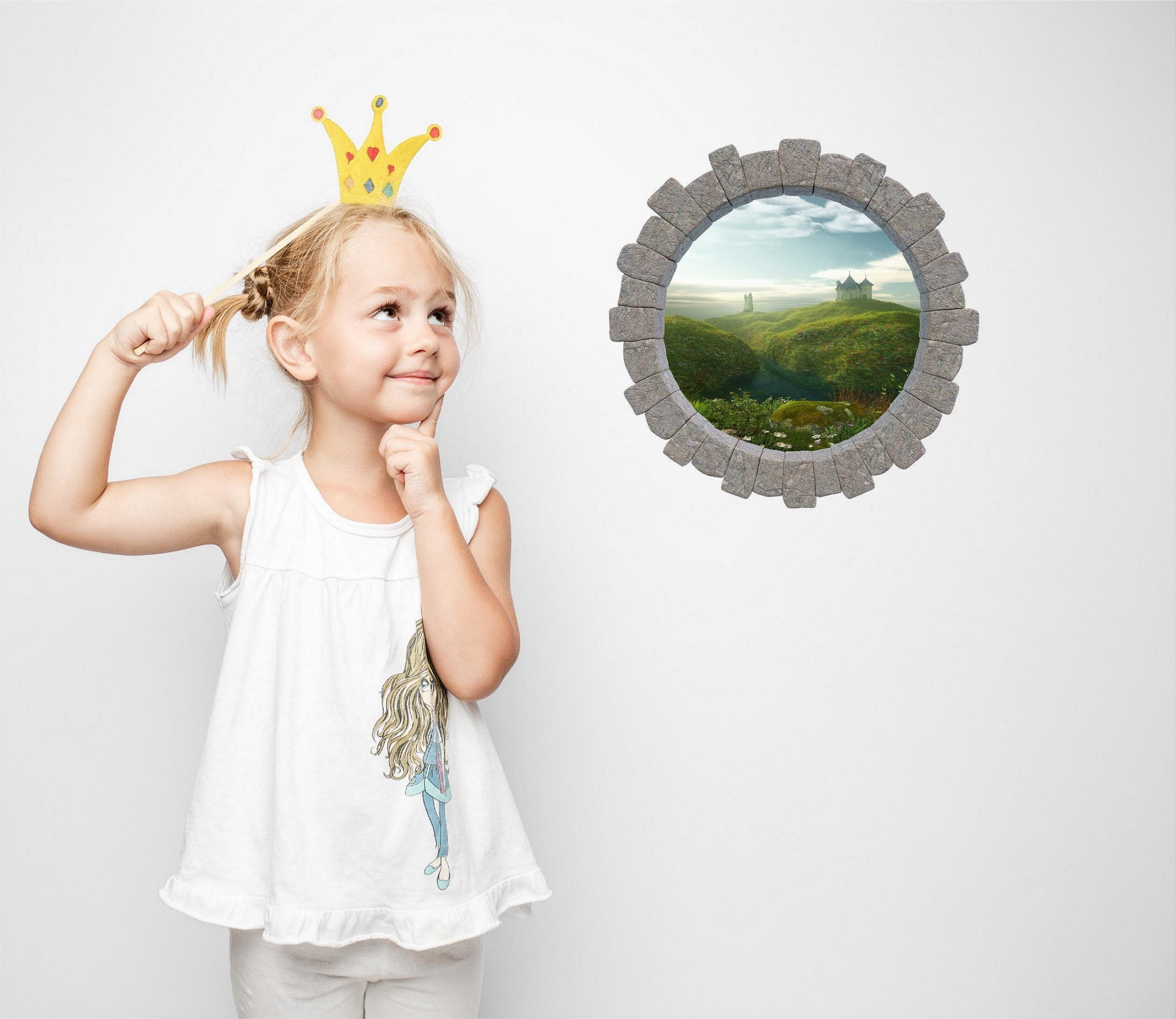 3D Stone Hole Wall Decal Enchanted Castle By The Sea Fairy Tale Fantasy Princess Brick Window Removable Fabric  Wall Sticker