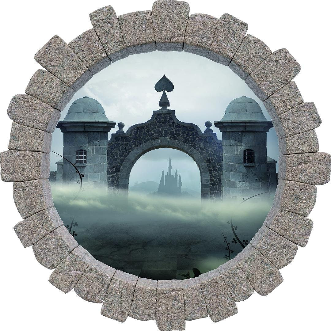 3D Stone Hole Wall Decal Queen of Spades Castle Wonderland Fantasy Brick Window Removable Fabric  Wall Sticker