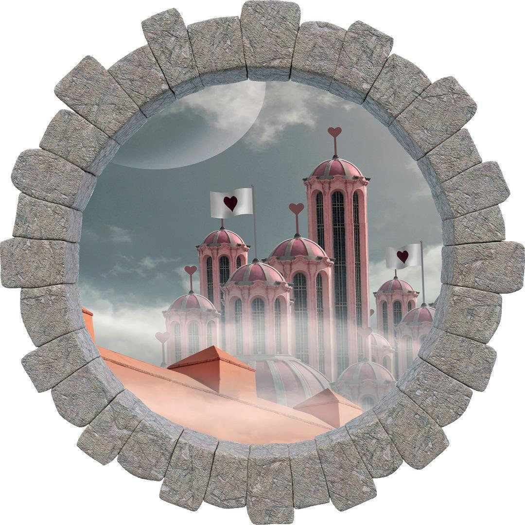 3D Stone Hole Wall Decal Hearts Palace Wonderland Fantasy Brick Window Removable Fabric  Wall Sticker