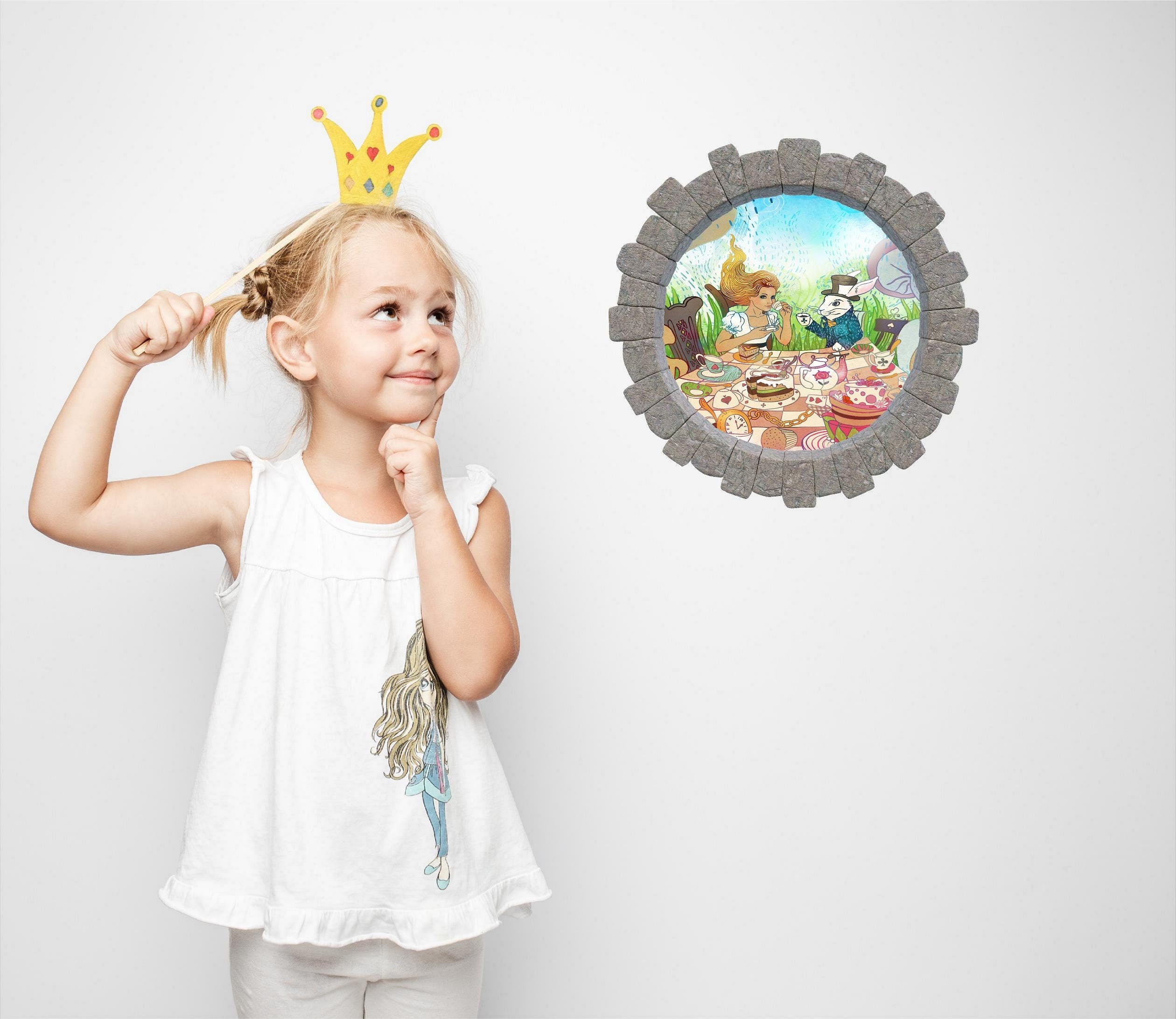3D Stone Hole Wall Decal Tea Party Fantasy Brick Window Removable Fabric  Wall Sticker