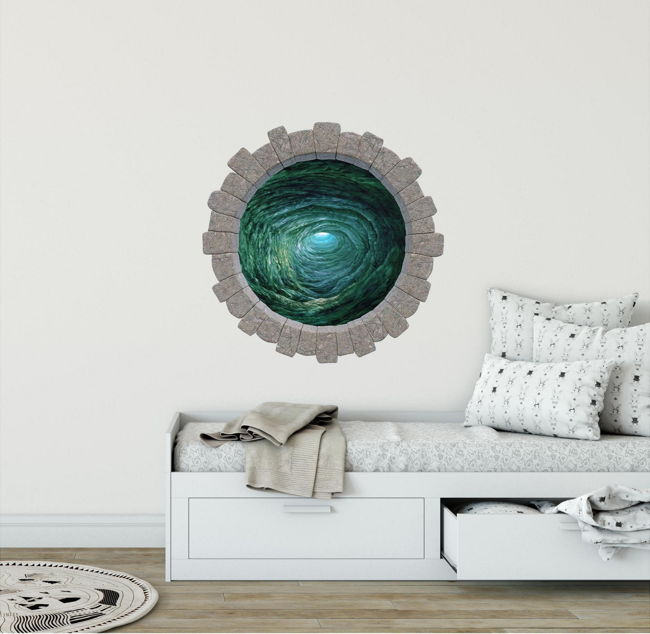 3D Stone Hole Wall Decal Down The Rabbit Hole #2 Wonderland Fantasy Brick Window Removable Fabric  Wall Sticker