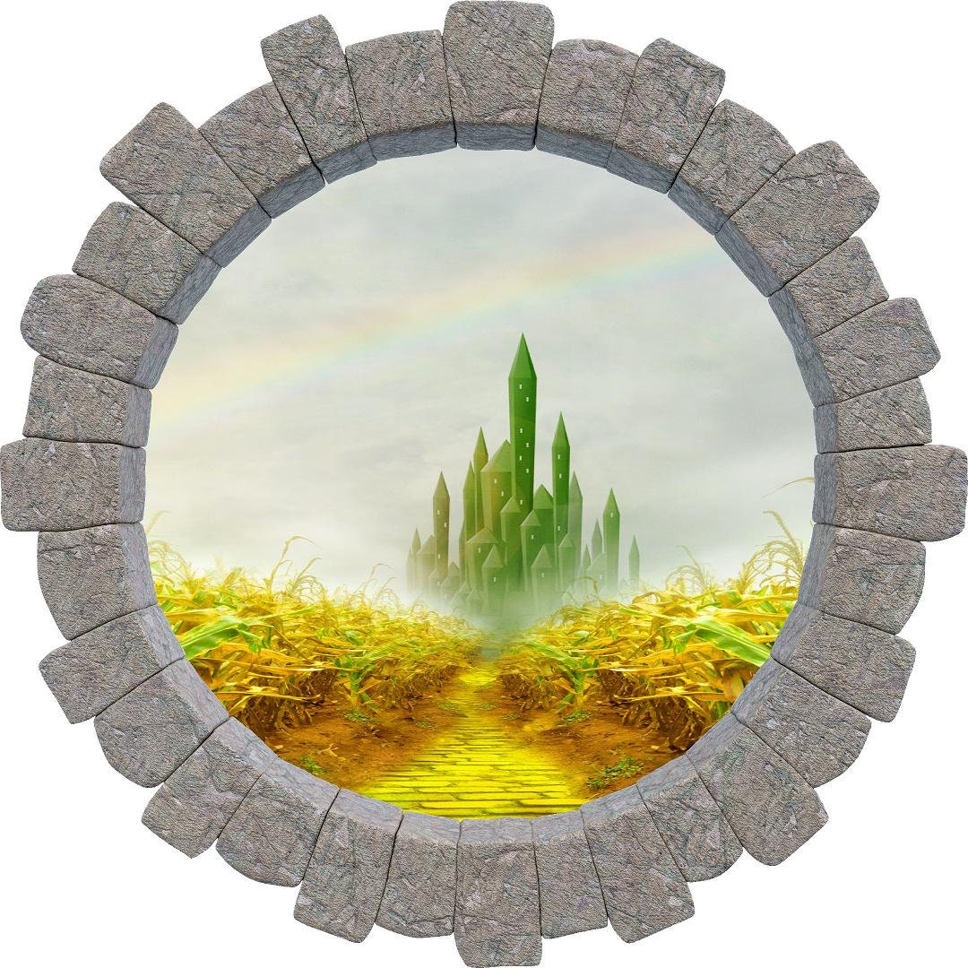 3D Stone Hole Wall Decal Emerald City Castle Yellow Brick Road Oz Fantasy Brick 3d Window Removable Fabric  Wall Sticker