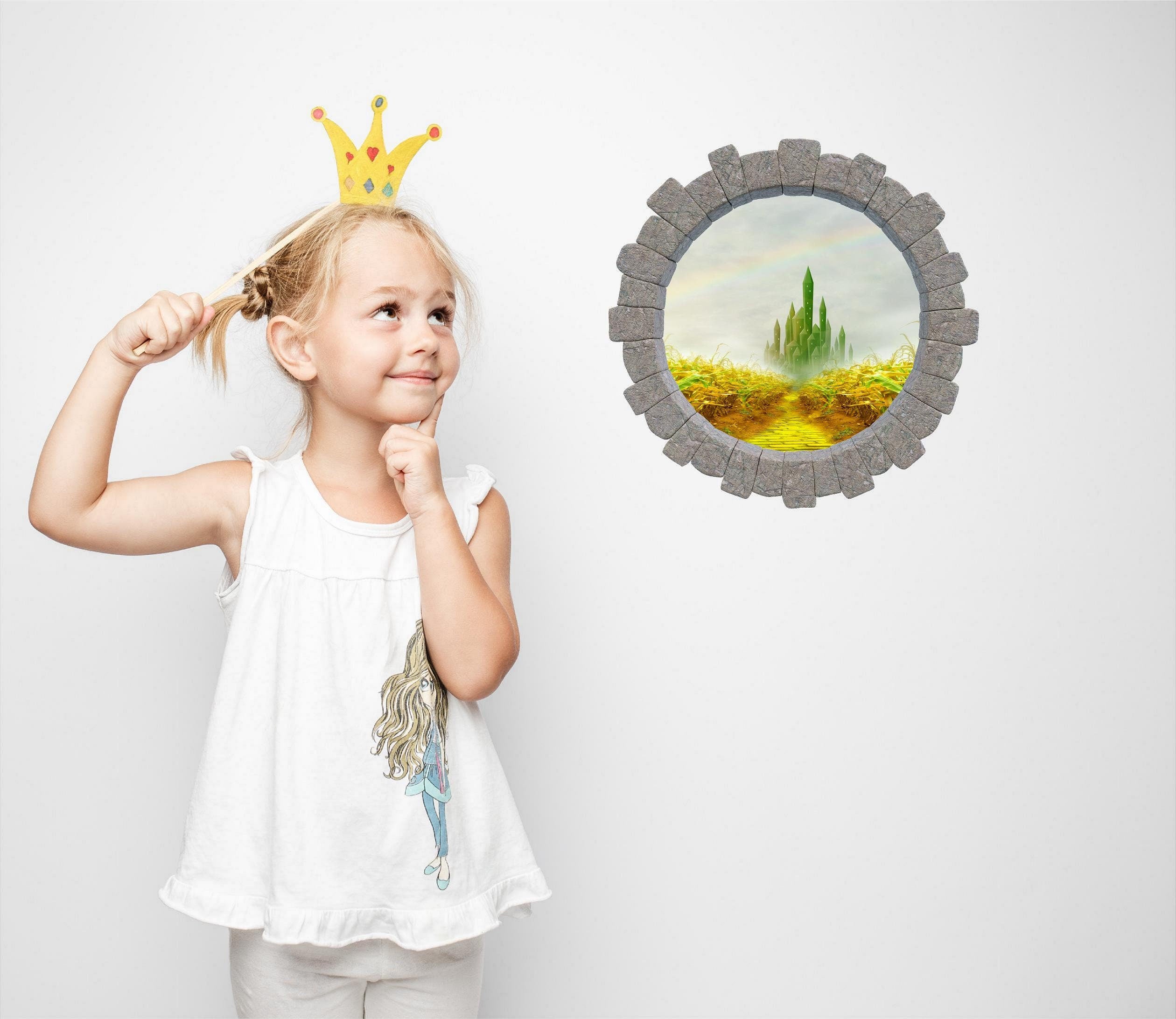 3D Stone Hole Wall Decal Emerald City Castle Yellow Brick Road Oz Fantasy Brick 3d Window Removable Fabric  Wall Sticker