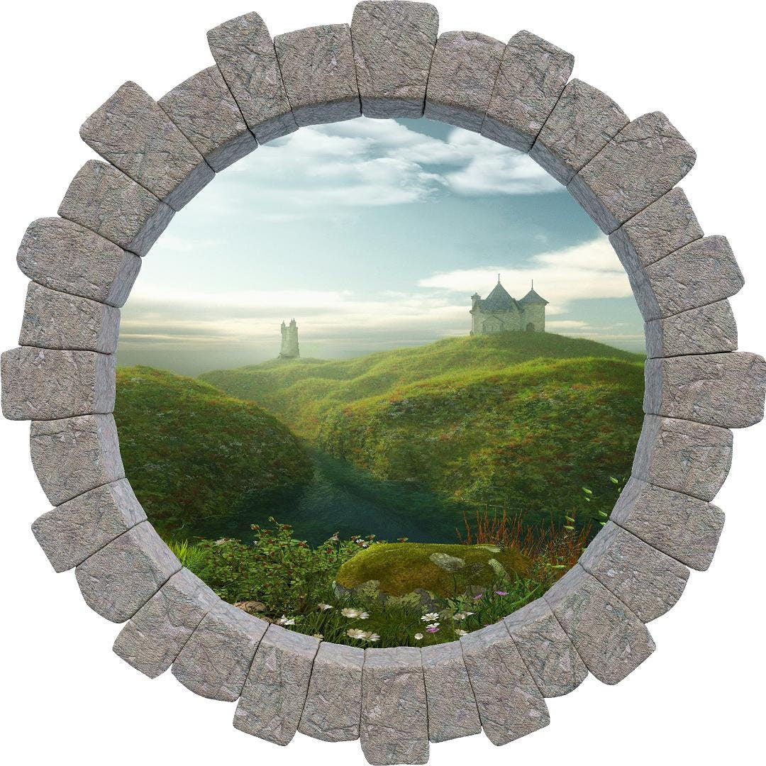 3D Stone Hole Wall Decal Enchanted Castle By The Sea Fairy Tale Fantasy Princess Brick Window Removable Fabric  Wall Sticker