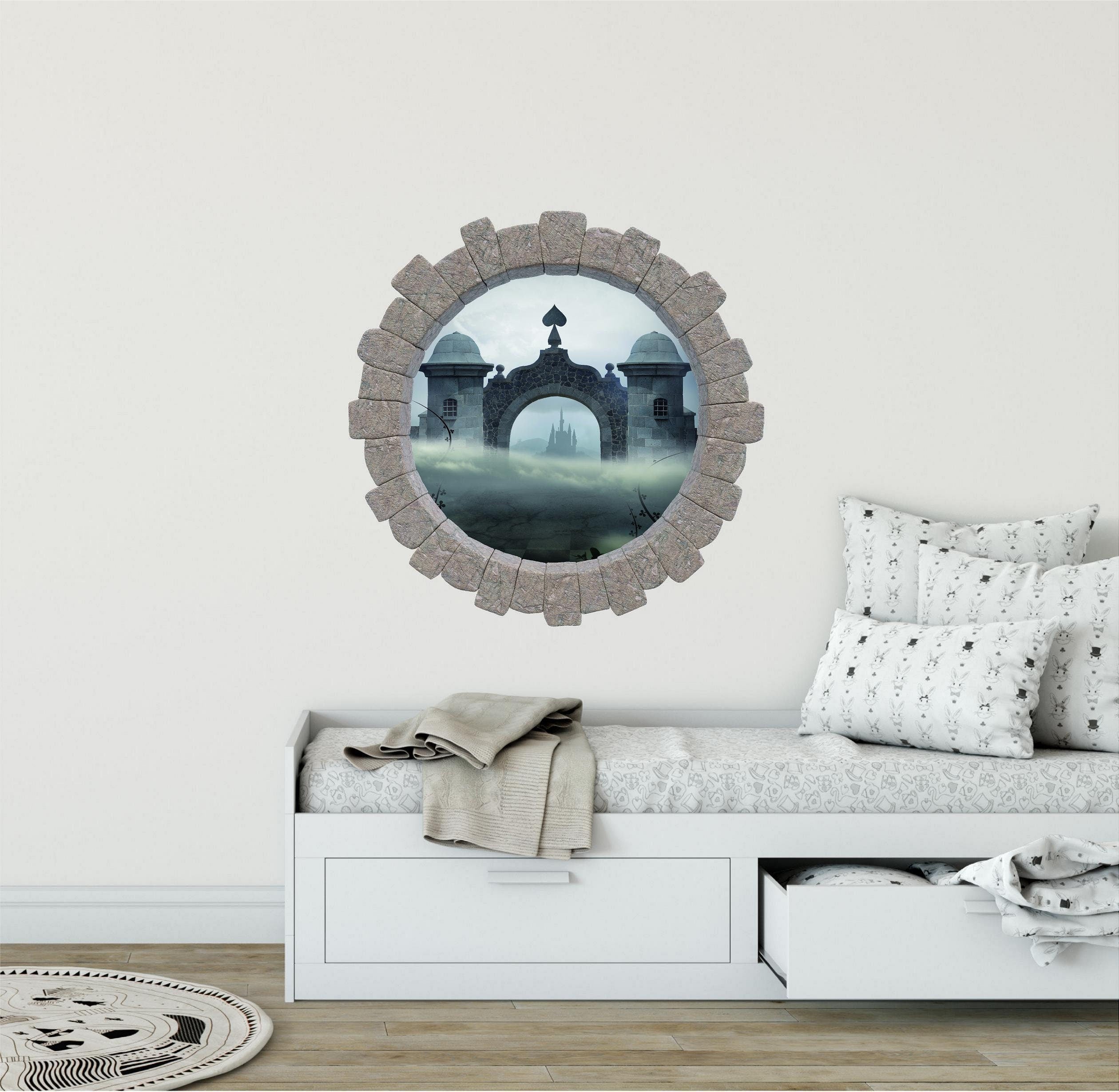 3D Stone Hole Wall Decal Queen of Spades Castle Wonderland Fantasy Brick Window Removable Fabric  Wall Sticker