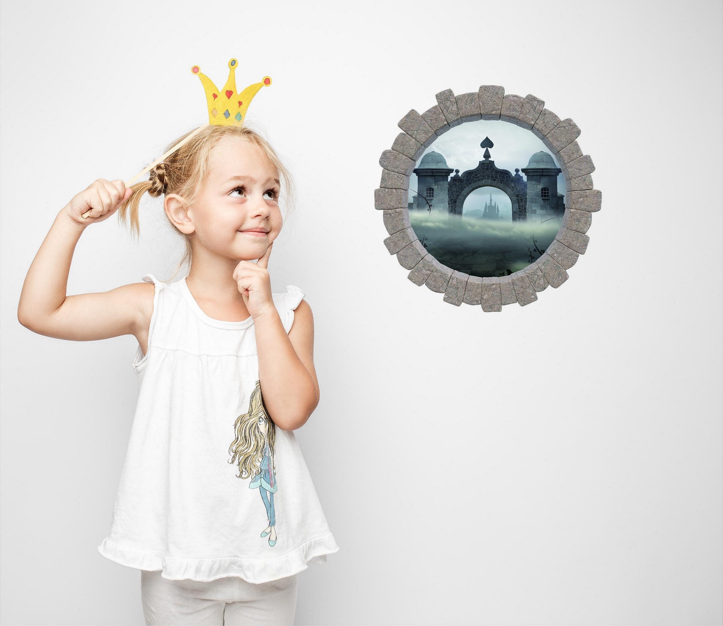 3D Stone Hole Wall Decal Queen of Spades Castle Wonderland Fantasy Brick Window Removable Fabric  Wall Sticker