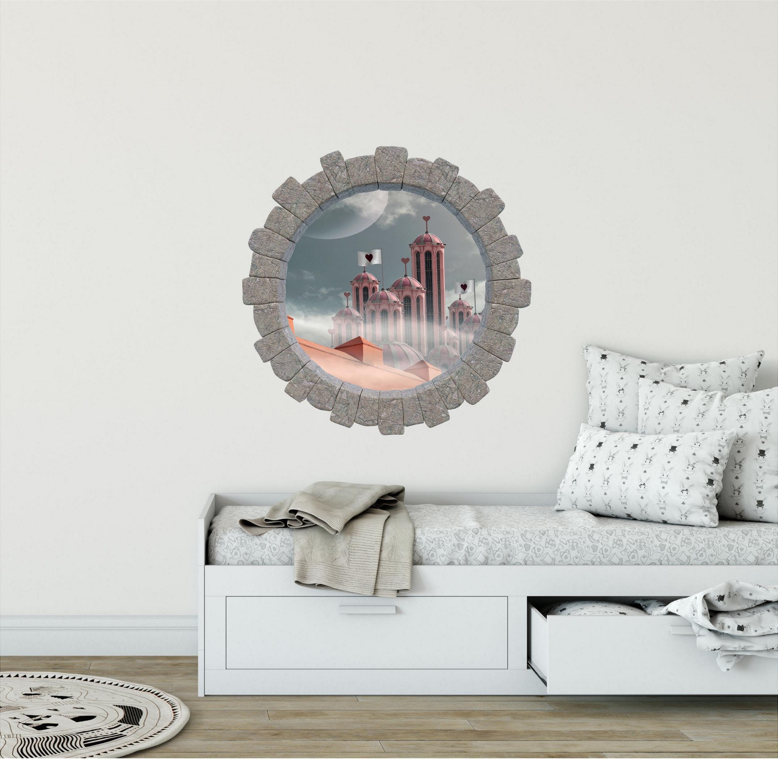 3D Stone Hole Wall Decal Hearts Palace Wonderland Fantasy Brick Window Removable Fabric  Wall Sticker