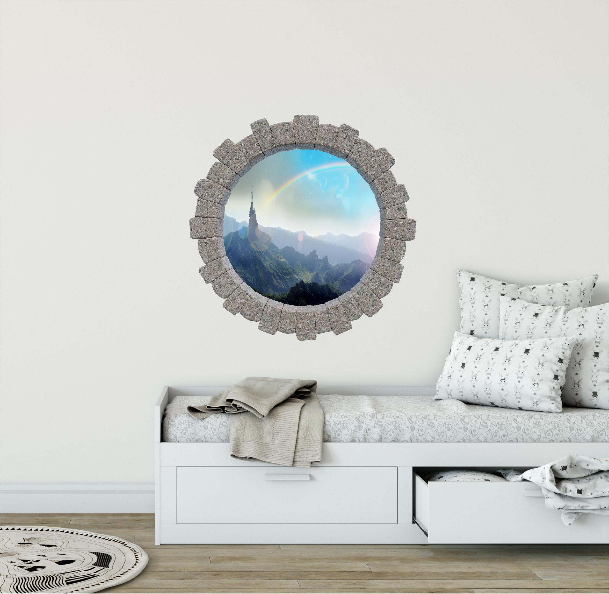 3D Stone Hole Wall Decal Rainbow Over Fairytale Castle On Mountain Top Brick Window Removable Fabric  Wall Sticker