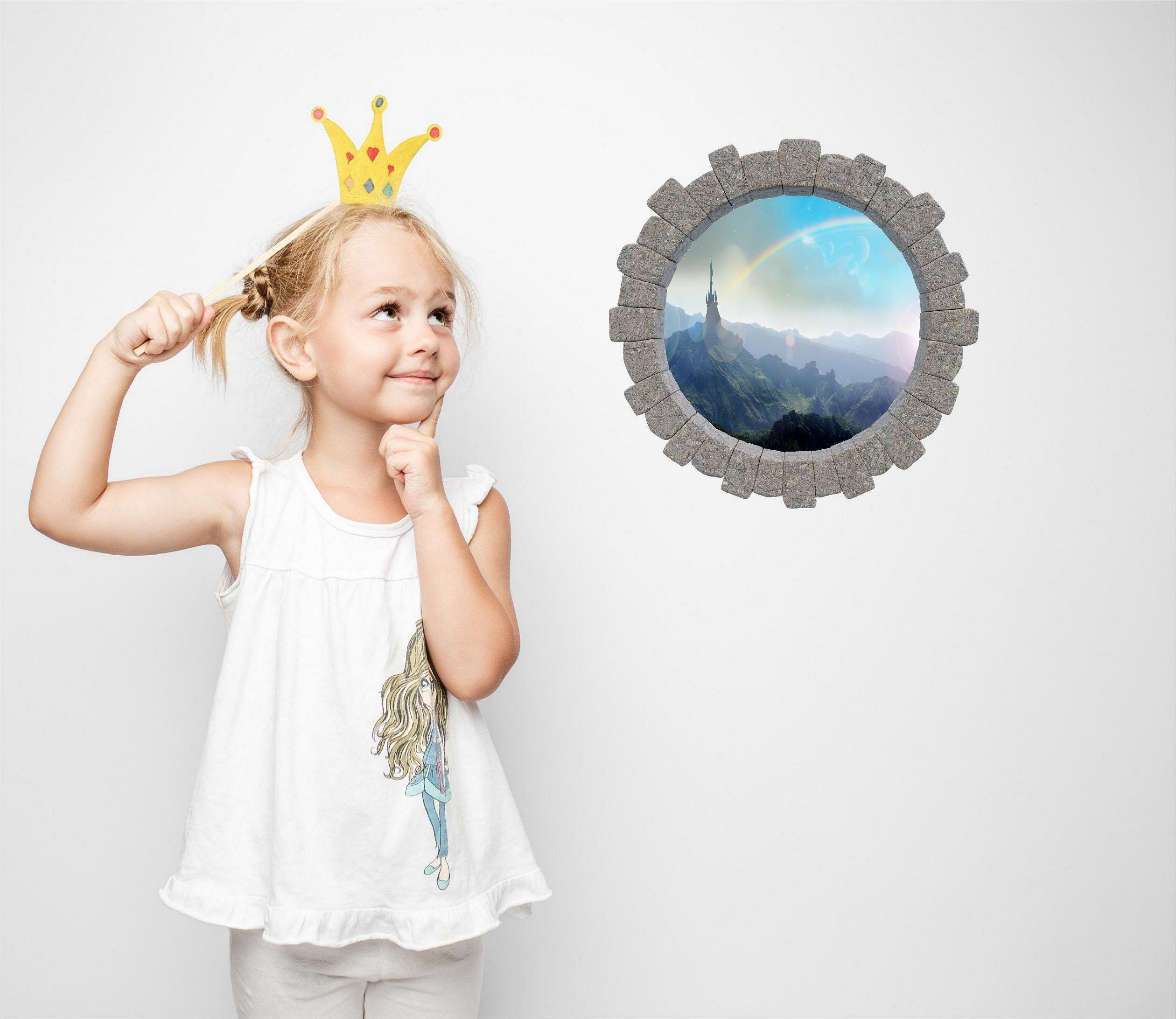 3D Stone Hole Wall Decal Rainbow Over Fairytale Castle On Mountain Top Brick Window Removable Fabric  Wall Sticker