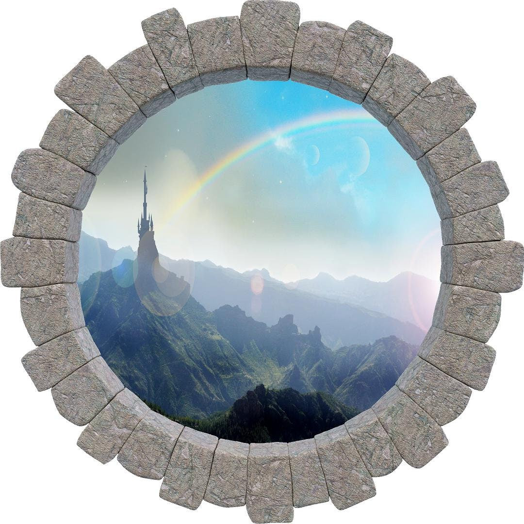 3D Stone Hole Wall Decal Rainbow Over Fairytale Castle On Mountain Top Brick Window Removable Fabric  Wall Sticker