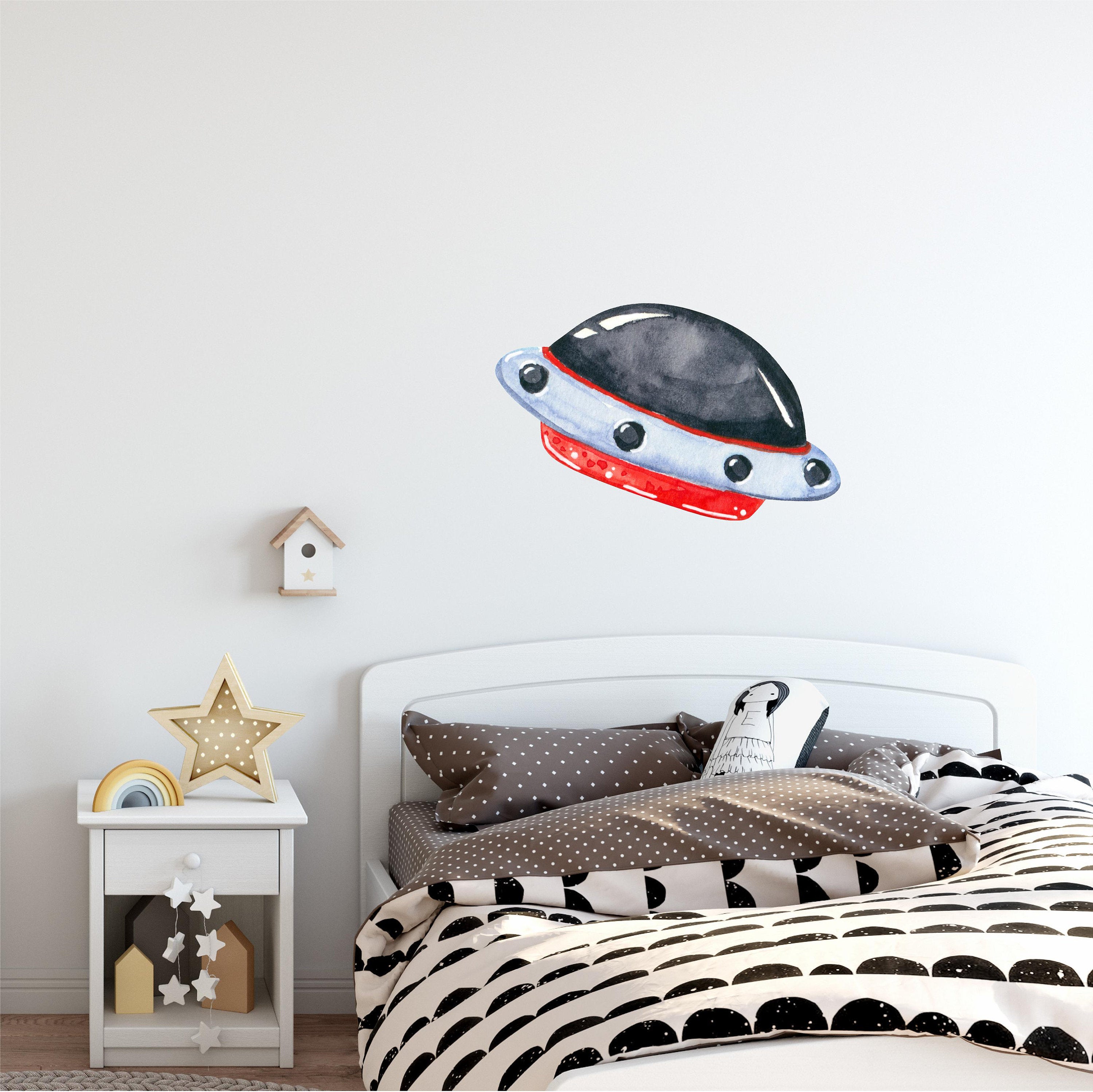 Watercolor UFO Alien Spaceship Wall Decal Spacecraft Wall Sticker Outer Space Wall Art Removable Fabric  DecalBaby