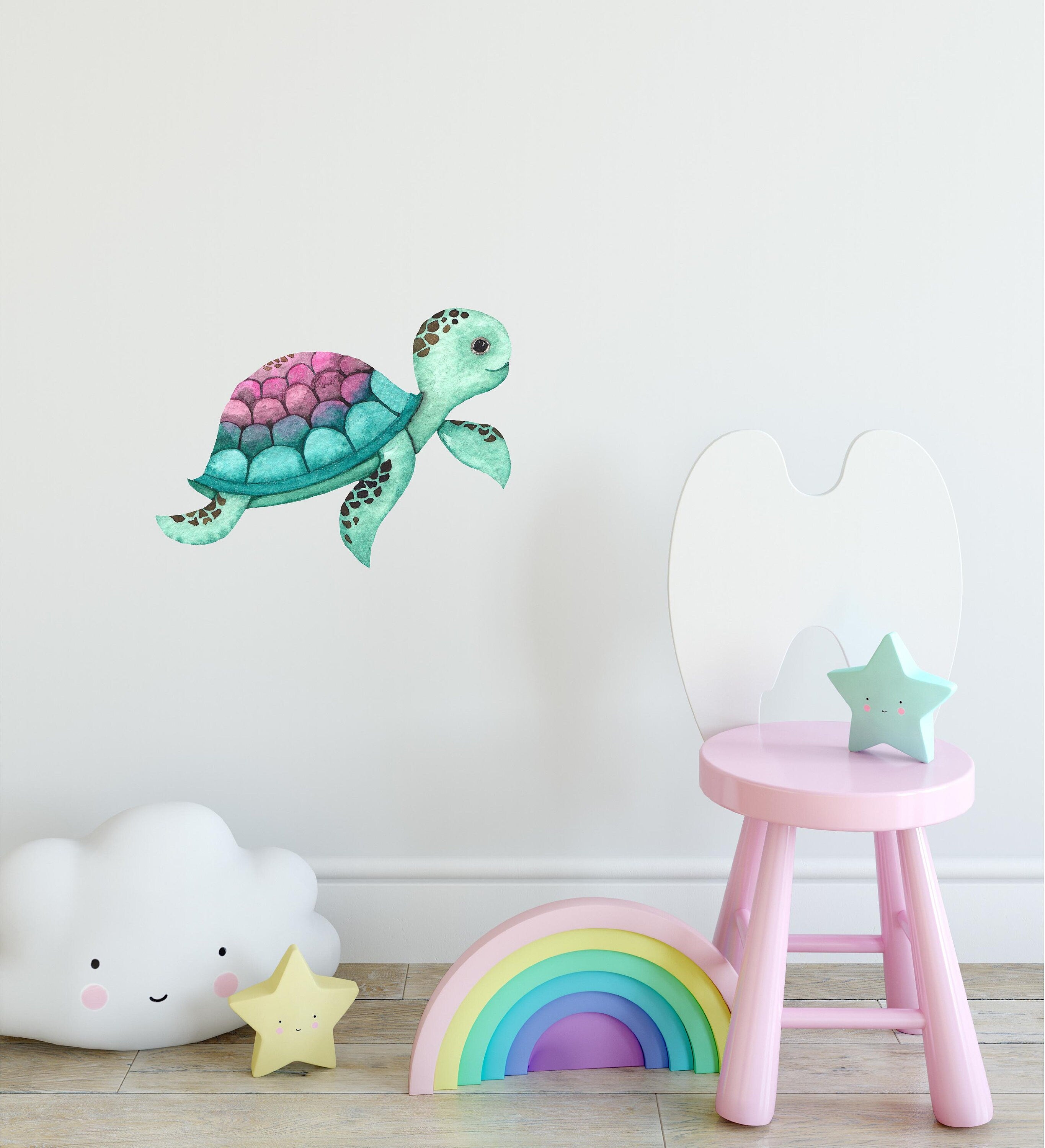 Aqua Pink Sea Turtle Wall Decal Ocean Sea Life Removable Fabric Wall Sticker