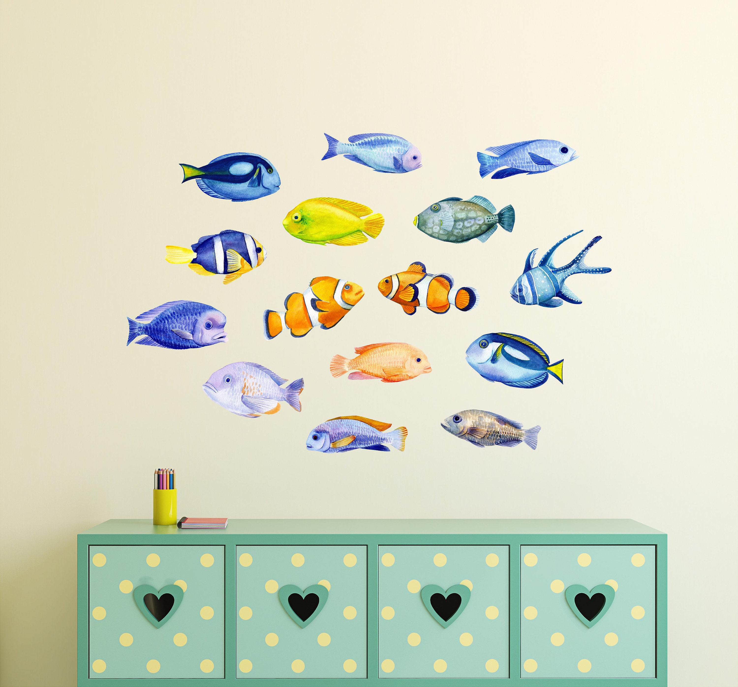 Watercolor Tropical Fish Wall Decal Set #3 Ocean Sea Life Removable Fabric Wall Sticker