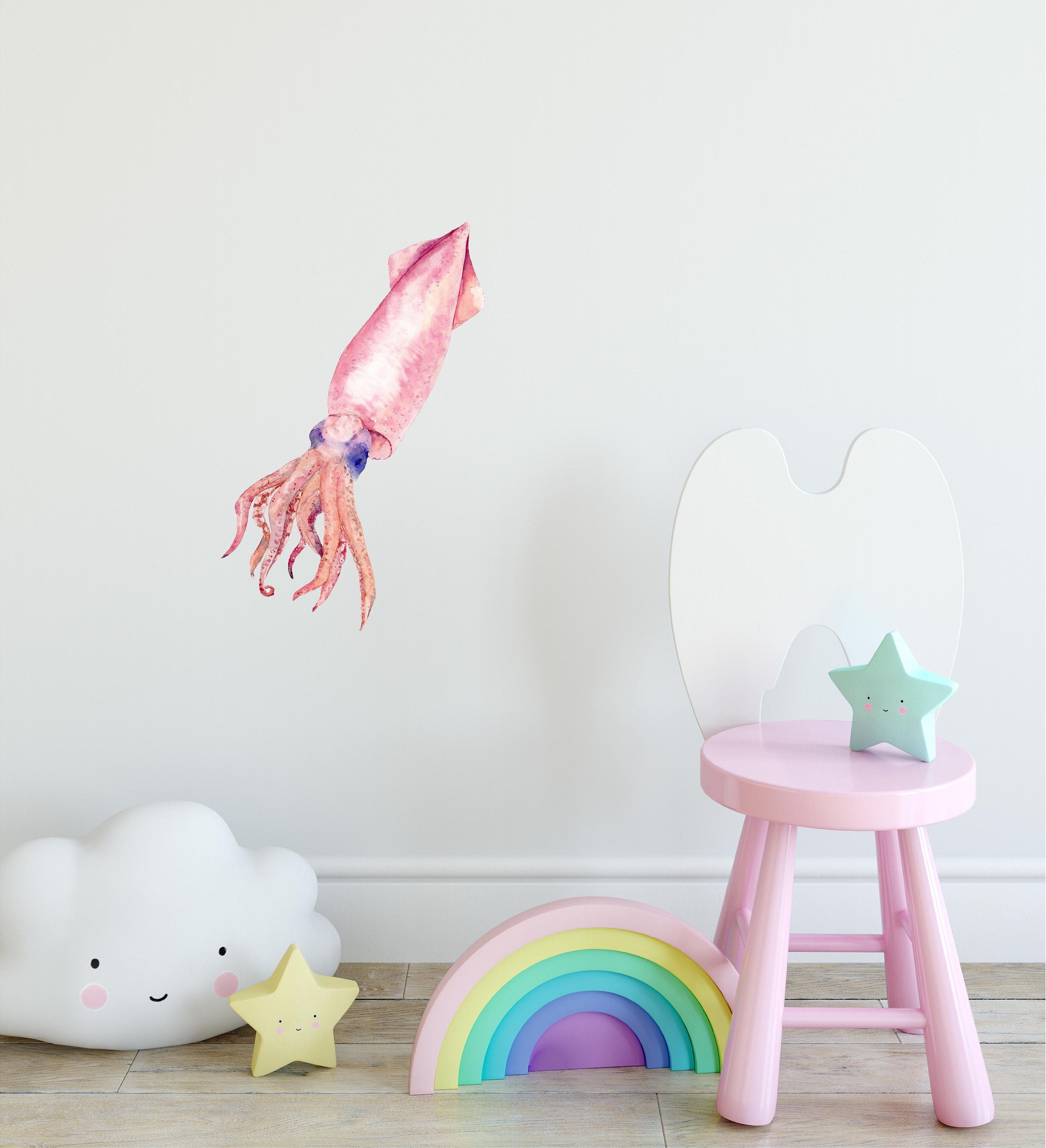 Watercolor Squid #2 Wall Decal Ocean Sea Life Removable Fabric Wall Sticker