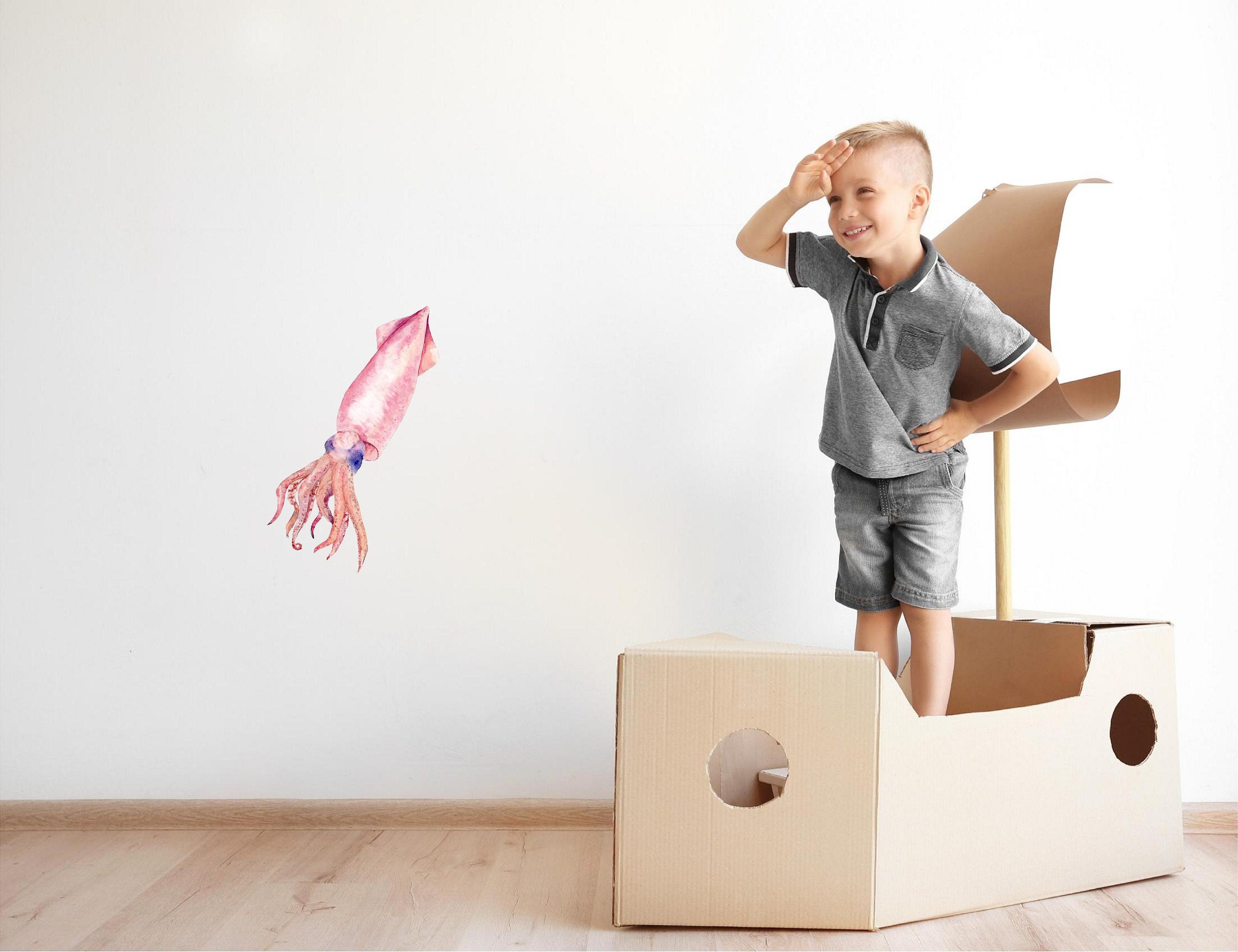 Watercolor Squid #2 Wall Decal Ocean Sea Life Removable Fabric Wall Sticker