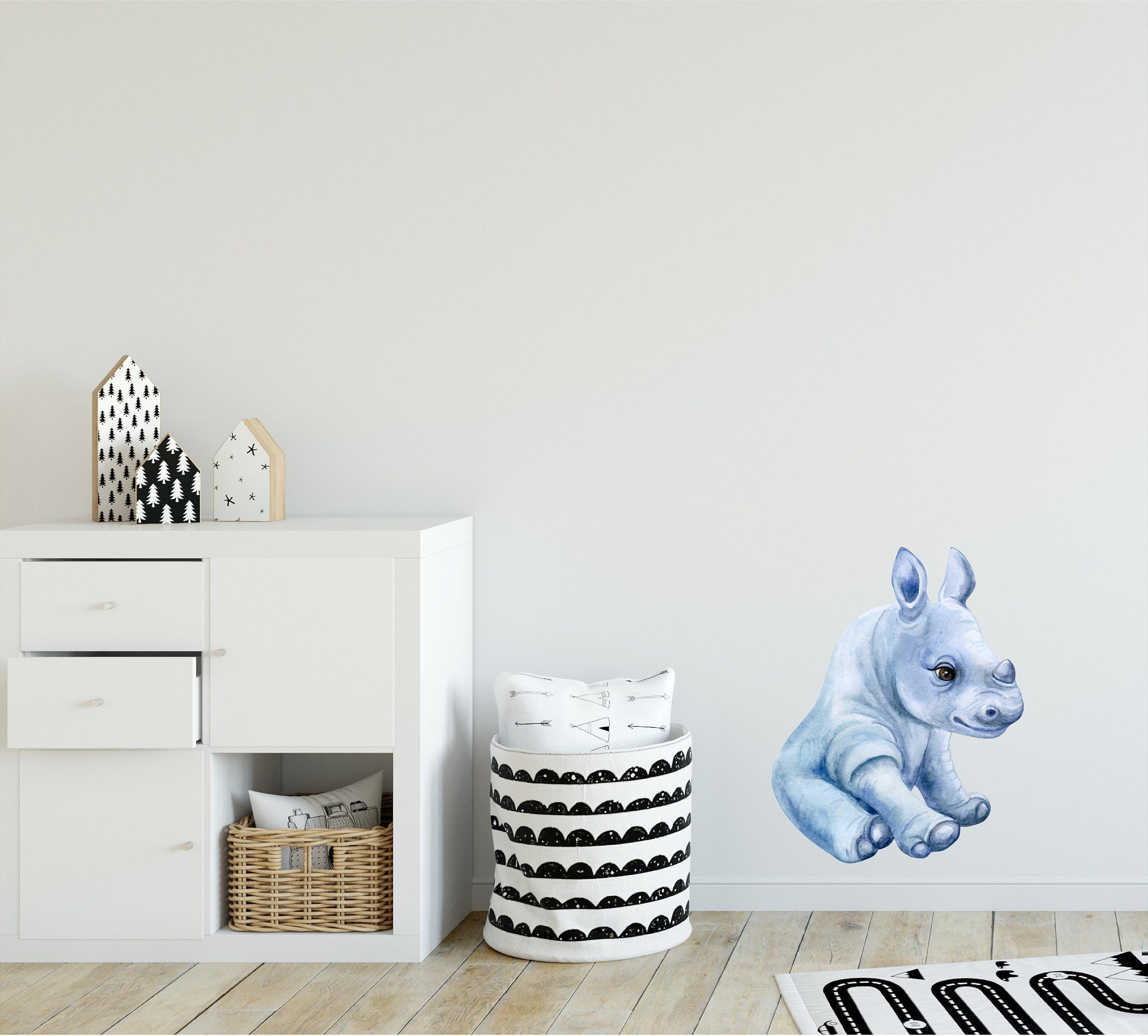 Baby Rhino Wall Decal Safari Animal Wall Sticker Removable Fabric  for Childrens African Safari Kids Peel & Stick Nursery Room Decor