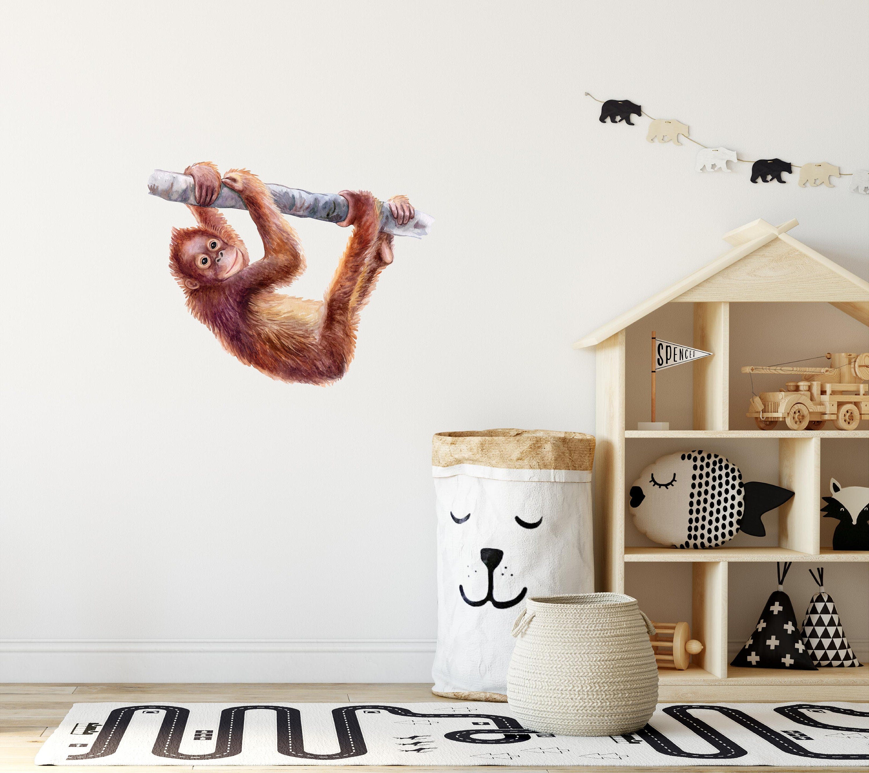 Baby Orangutan Wall Decal Safari Animal Wall Sticker Removable Fabric  for Childrens African Monkey Safari Kids Nursery Room Decor