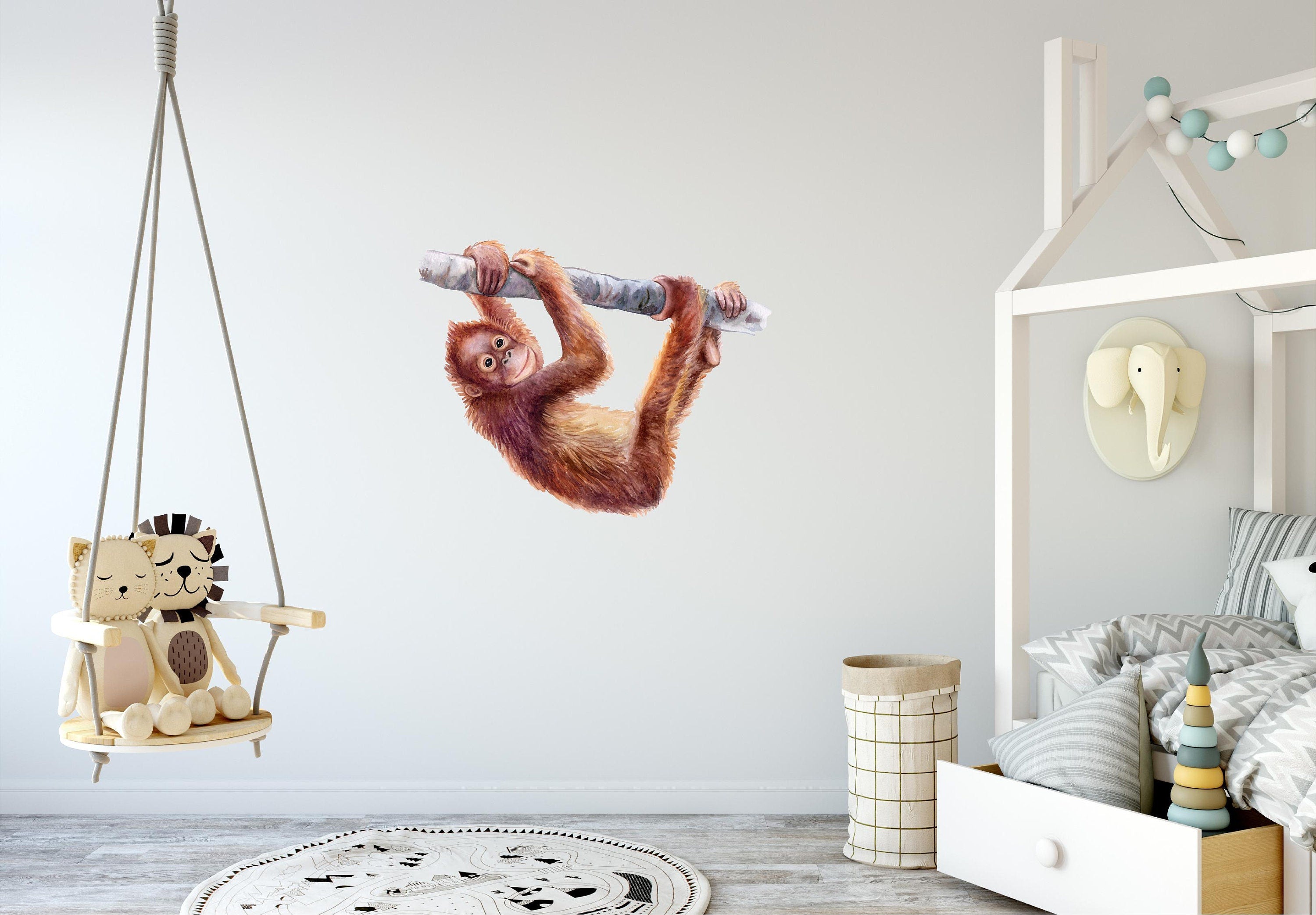 Baby Orangutan Wall Decal Safari Animal Wall Sticker Removable Fabric  for Childrens African Monkey Safari Kids Nursery Room Decor