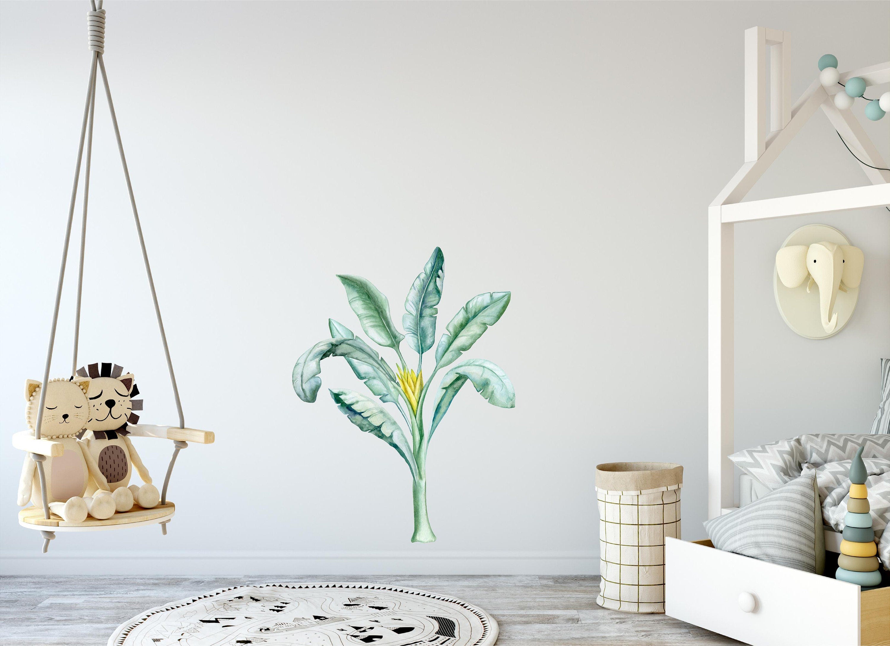Banana Tree with Tropical Leaves Jungle Botanical Wall Sticker Removable Fabric  Childrens African Safari Nursery Decor